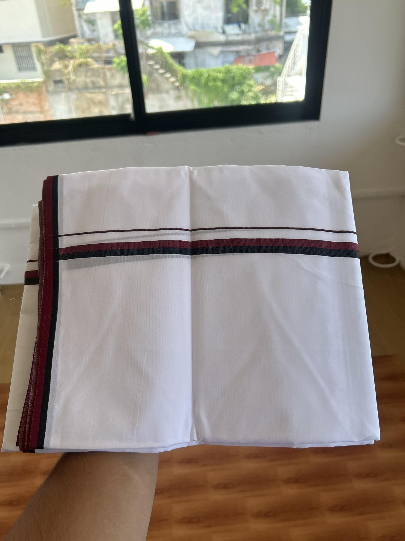 Dmk Veshti - 20% Discount ! KaithariKada 100% Mill Bleached Mercerised Cotton Pure White Double Mundu/Dhoti - 100X100 - 0.5 inch Black & Maroon kara 4 mtr (8.5 mulam)-  4 KK5385 KBF