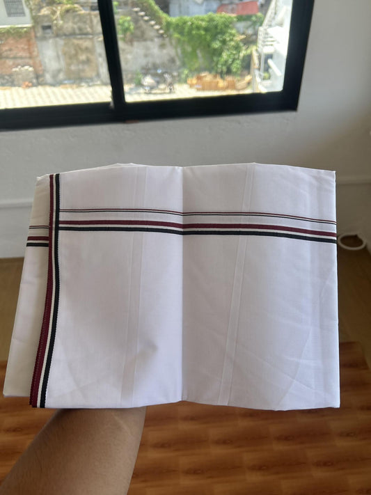 Admk Veshti - 20% Discount! KaithariKada 100% Mill Bleached Mercerised Cotton Pure white Single Mundu/Dhoti - 100X100 - 0.25 inch Black White & Maroon Red kara - 2 KK5359 KBF