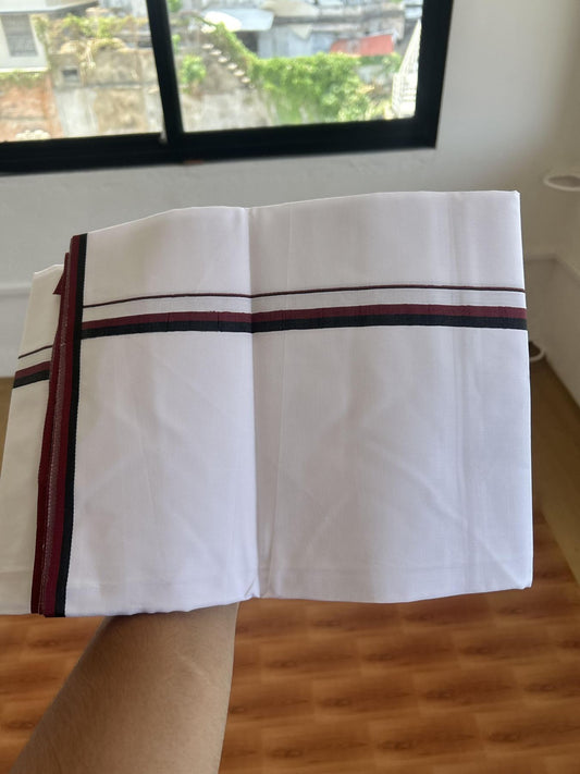 Dmk Veshti - 20% Discount ! KaithariKada 100% Mill Bleached Mercerised Cotton Pure White Single Mundu/Dhoti - 100X100 - 0.5 inch Black & Maroon Red kara 2mtr (4 mulam)-  1 KK5261 KBF