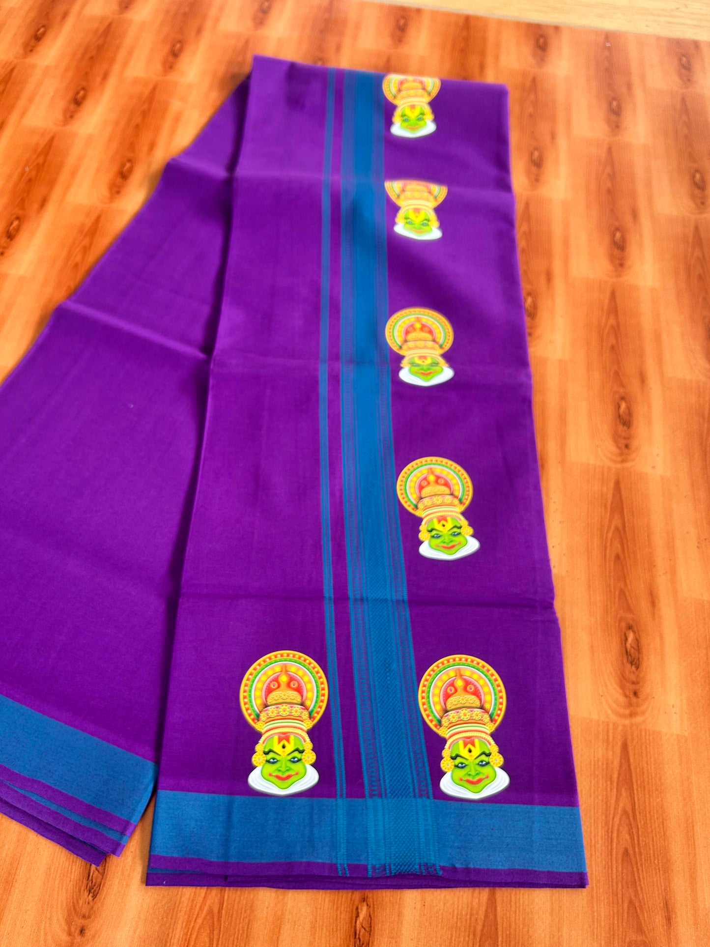 Single Kaily / Lungi- 20% Discount !! Kaitharikada - Pure Cotton - (40s) - 1.25 inch Peacock Blue Striped Kadhakali Printed Design Kara with Deep Violet colour Body (2 meter / 4 muzham) - 20 KK8059 GAN