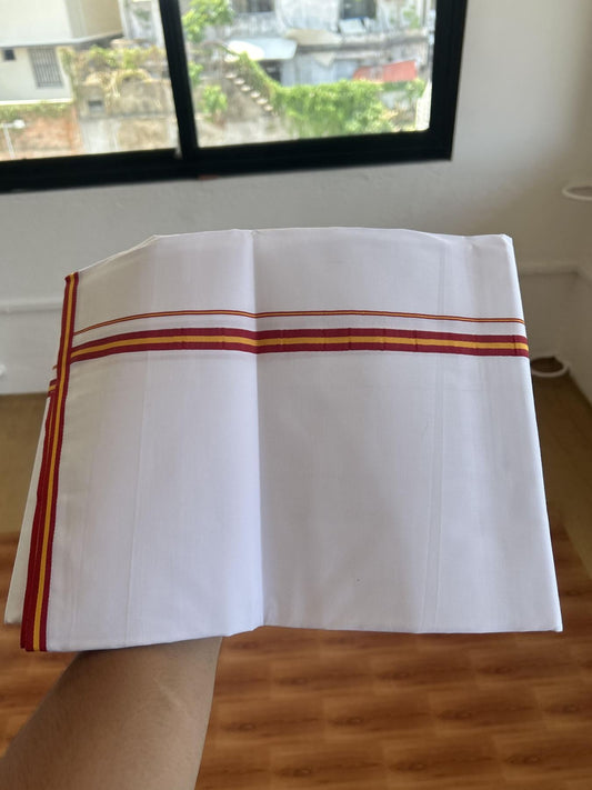 Tvk Veshti - 20% Discount! KaithariKada Balaramapuram 100% Mill Bleached Mercerised Cotton Single Pure white Mundu/Dhoti - 100x100 - 0.5 inch Dark Red & Yellow Kara - 2 mtr (4 muzham) - 3 KK5385 KBF