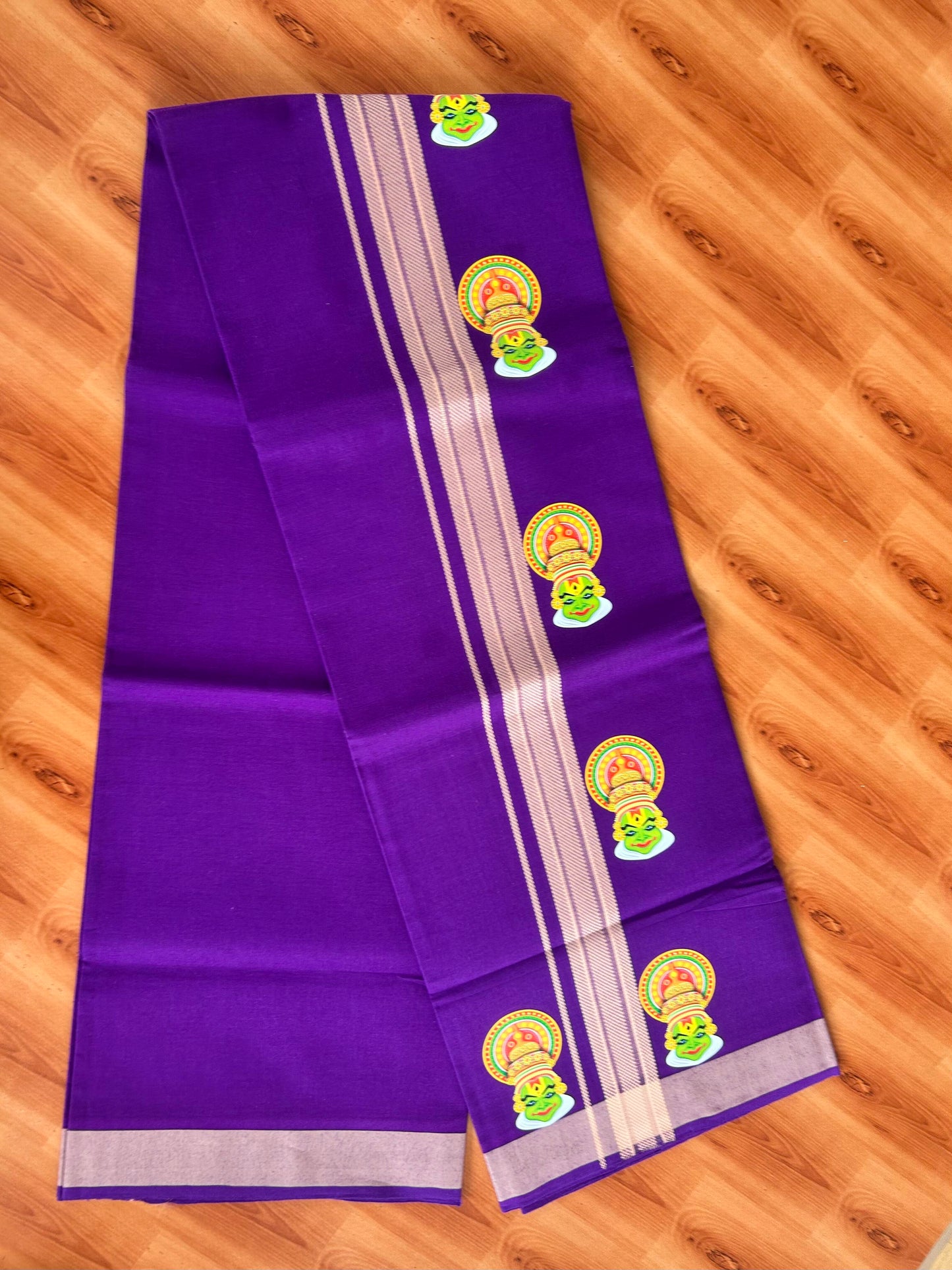 Single Kaily / Lungi- 20% Discount !! Kaitharikada - Pure Cotton - (40s) - 1.5 inch Cream Striped Kadhakali Printed Design Kara with Deep Violet colour Body (2 meter / 4 muzham) - 14 KK8059 GAN