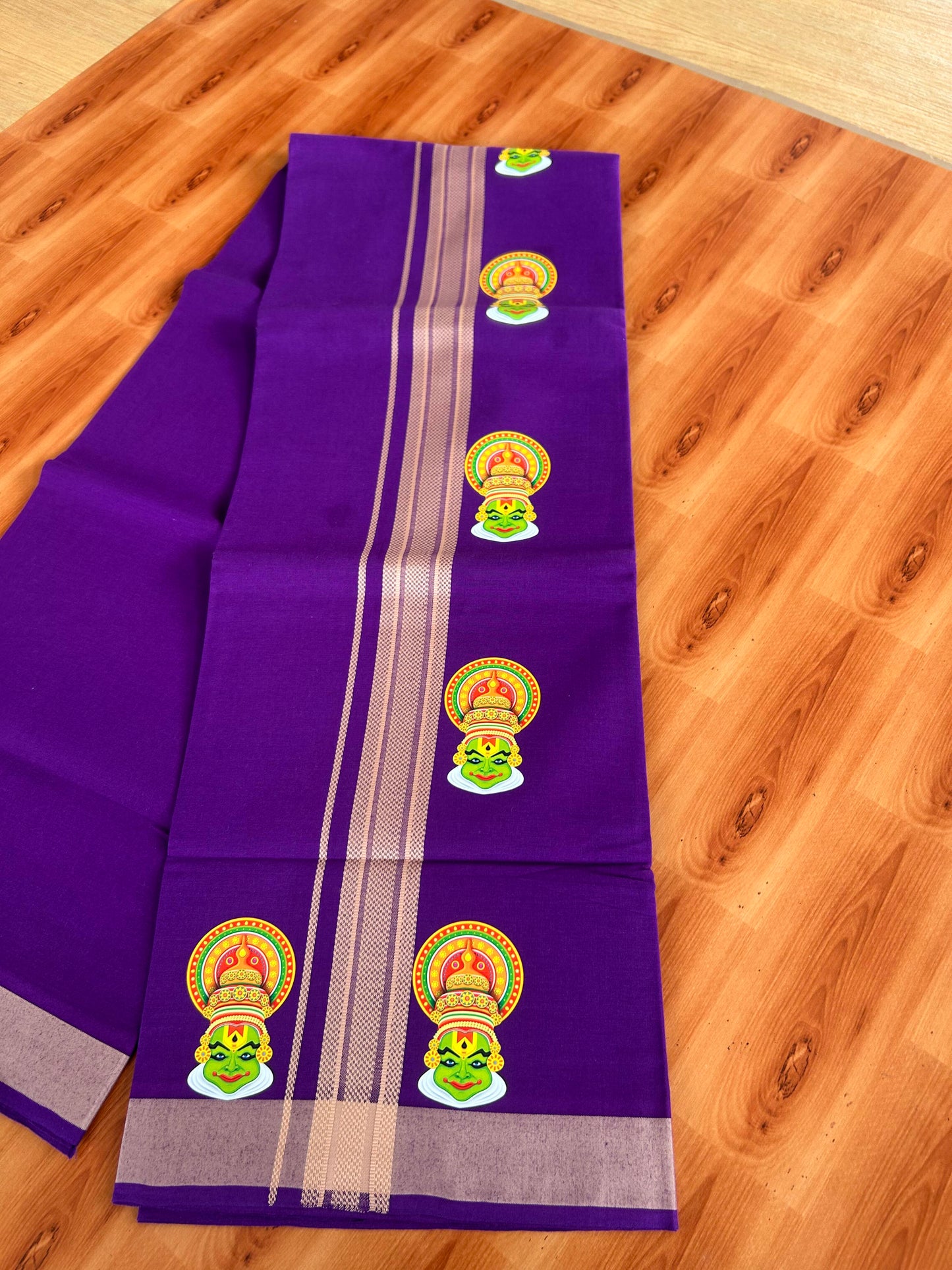 Single Kaily / Lungi- 20% Discount !! Kaitharikada - Pure Cotton - (40s) - 1.5 inch Cream Striped Kadhakali Printed Design Kara with Deep Violet colour Body (2 meter / 4 muzham) - 14 KK8059 GAN