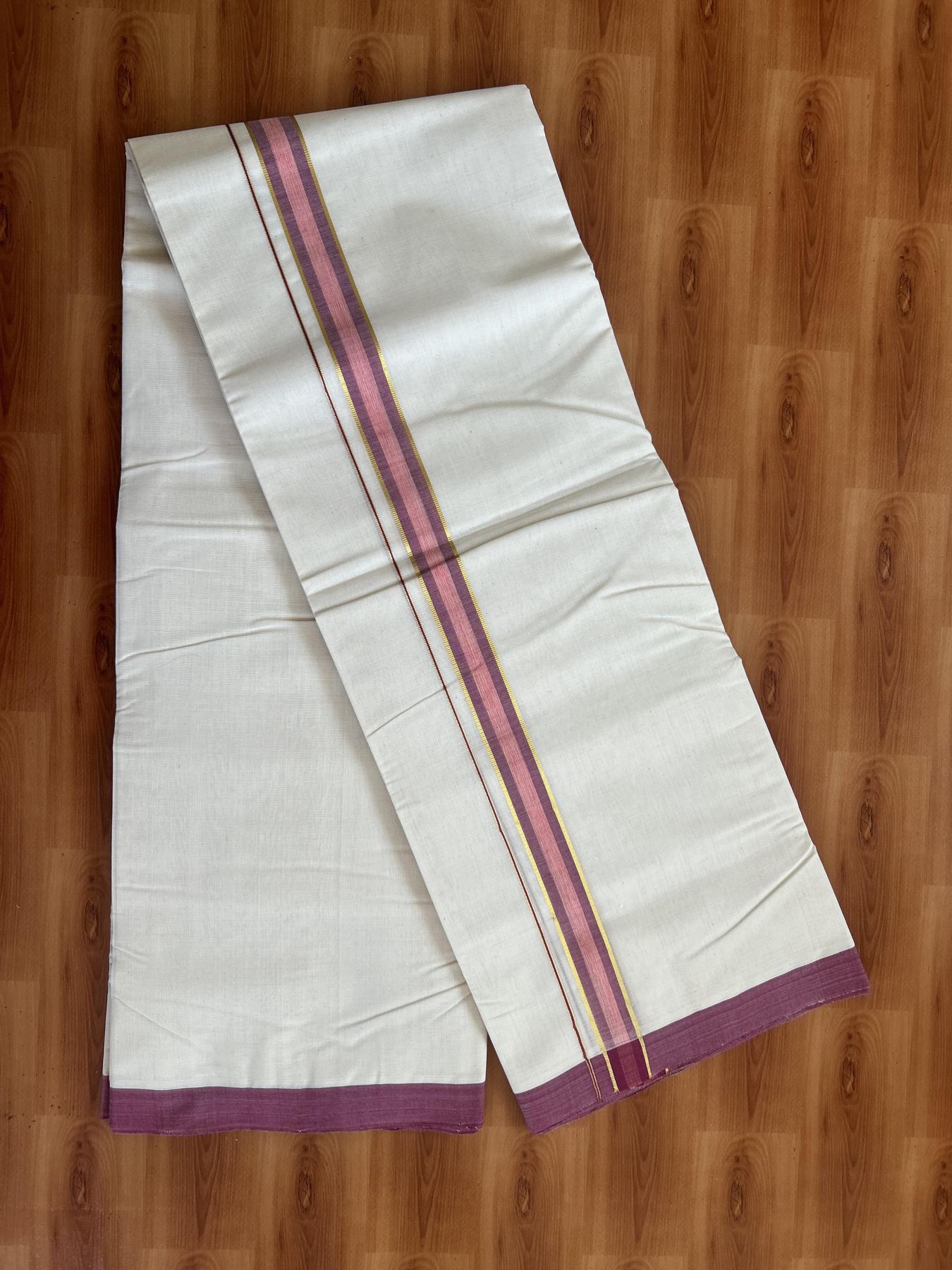 25% Discount! KaithariKada Handloom Millpaav - Kerala Handloom - Cotton Double Mundu/Dhoti Off white (Unbleached) - 80x90 - 1.25 inch Gold Kasav Dusty Maroon & Light orange Stripes Kara 3.80 meter (8 Muzham) -79 KK5383 RAM