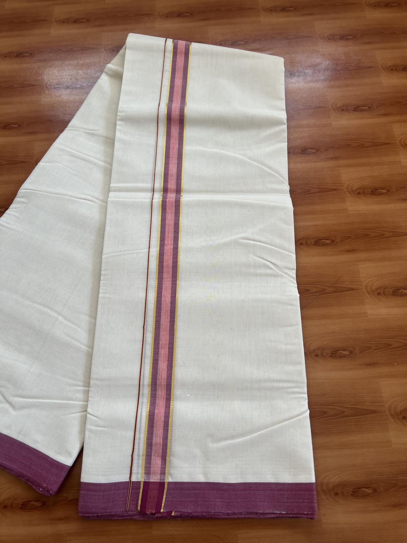 25% Discount! KaithariKada Handloom Millpaav - Kerala Handloom - Cotton Double Mundu/Dhoti Off white (Unbleached) - 80x90 - 1.25 inch Gold Kasav Dusty Maroon & Light orange Stripes Kara 3.80 meter (8 Muzham) -79 KK5383 RAM