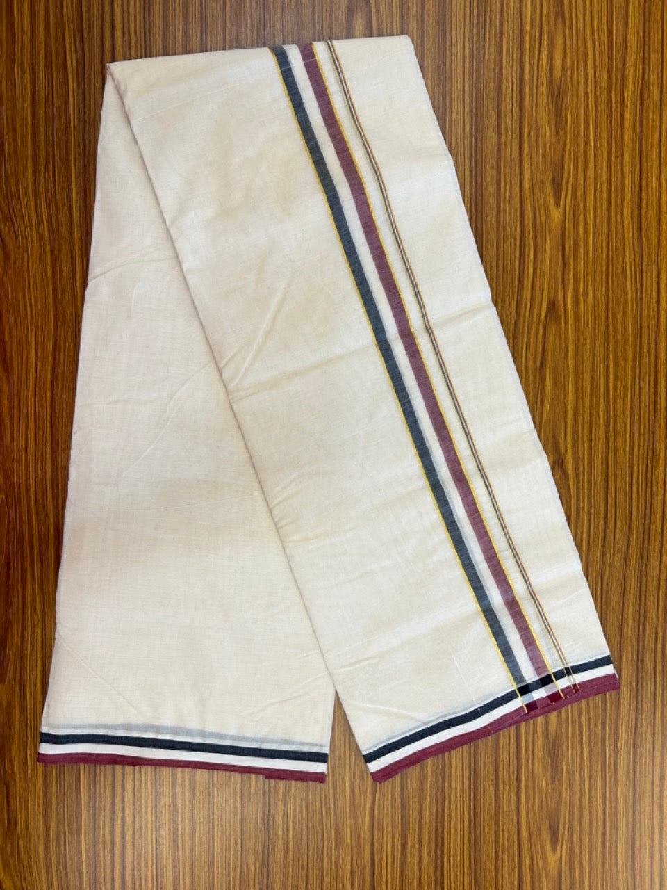 ADMK VESHTI - 20% DISCOUNT! KaithariKada 100% Cotton off white Double - (Unbleached) Mundu/Dhoti - 100X100 - 1.5 inch Gold Kasavu & Black White Maroon Shaded kara - 5 KK5274 ASH
