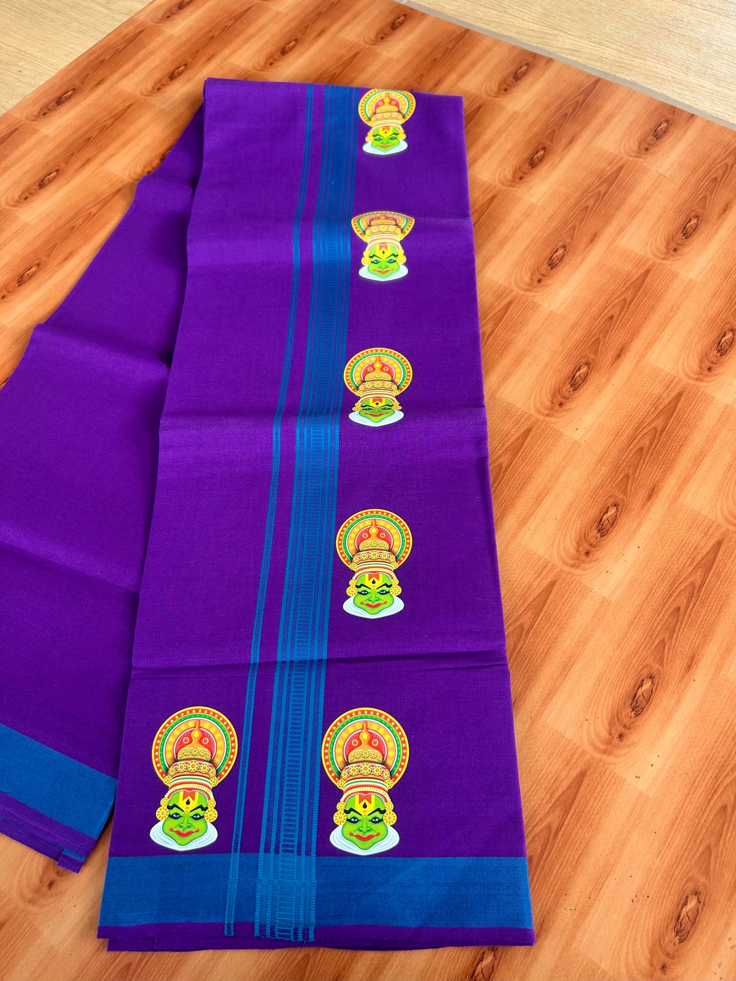 Single Kaily / Lungi- 20% Discount !! Kaitharikada - Pure Cotton - (40s) - 1.25 inch Peacock Blue Striped Kadhakali Printed Design Kara with Deep Violet colour Body (2 meter / 4 muzham) - 13 KK8059 GAN