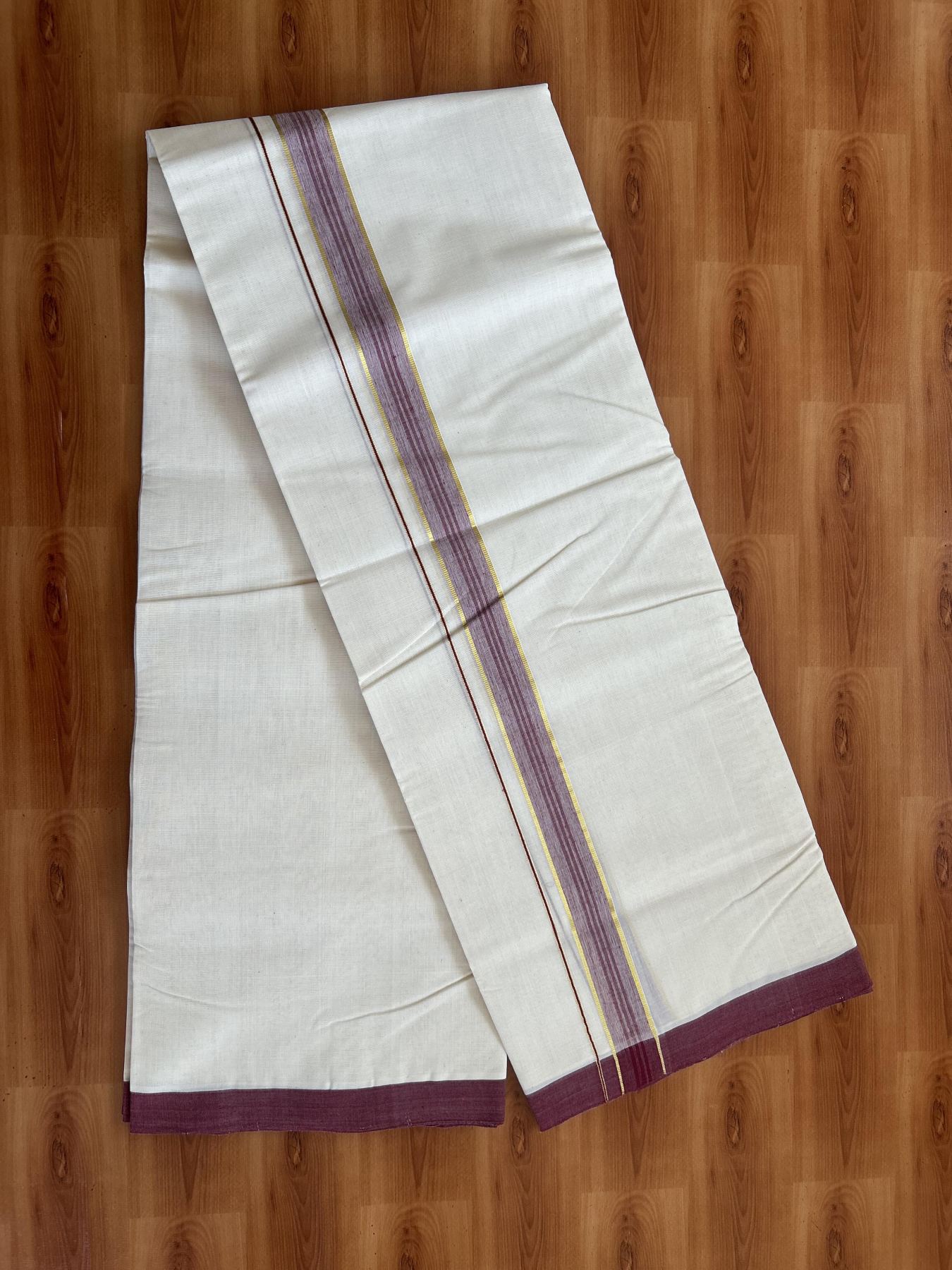 25% Discount! KaithariKada Handloom Millpaav - Kerala Handloom - Cotton Double Mundu/Dhoti Off white (Unbleached) - 80x90 - 1.25 inch Gold Kasav & Maroon Stripes Kara 3.80 meter (8 Muzham) - 83 KK5383 RAM