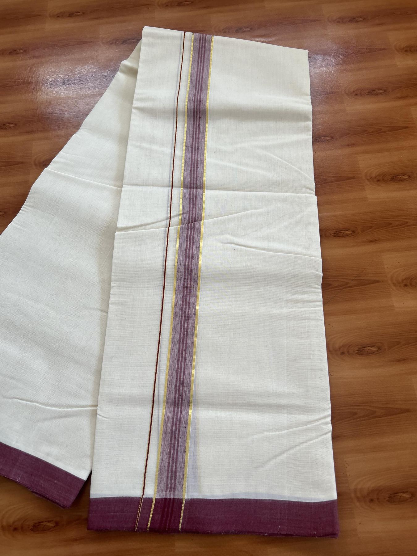 25% Discount! KaithariKada Handloom Millpaav - Kerala Handloom - Cotton Double Mundu/Dhoti Off white (Unbleached) - 80x90 - 1.25 inch Gold Kasav & Maroon Stripes Kara 3.80 meter (8 Muzham) - 83 KK5383 RAM