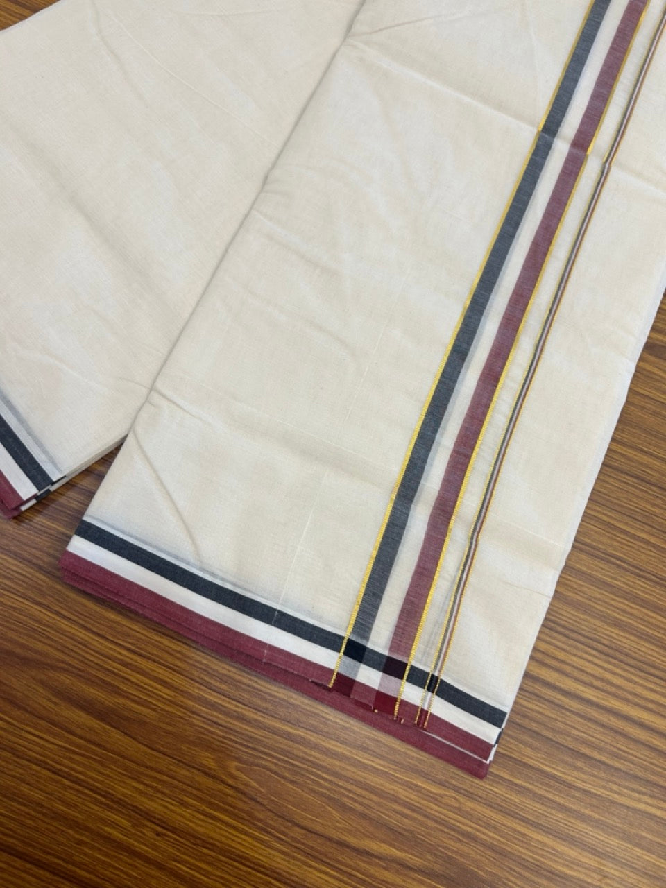 ADMK VESHTI - 20% DISCOUNT! KaithariKada 100% Cotton off white Double - (Unbleached) Mundu/Dhoti - 100X100 - 1.5 inch Gold Kasavu & Black White Maroon Shaded kara - 5 KK5274 ASH