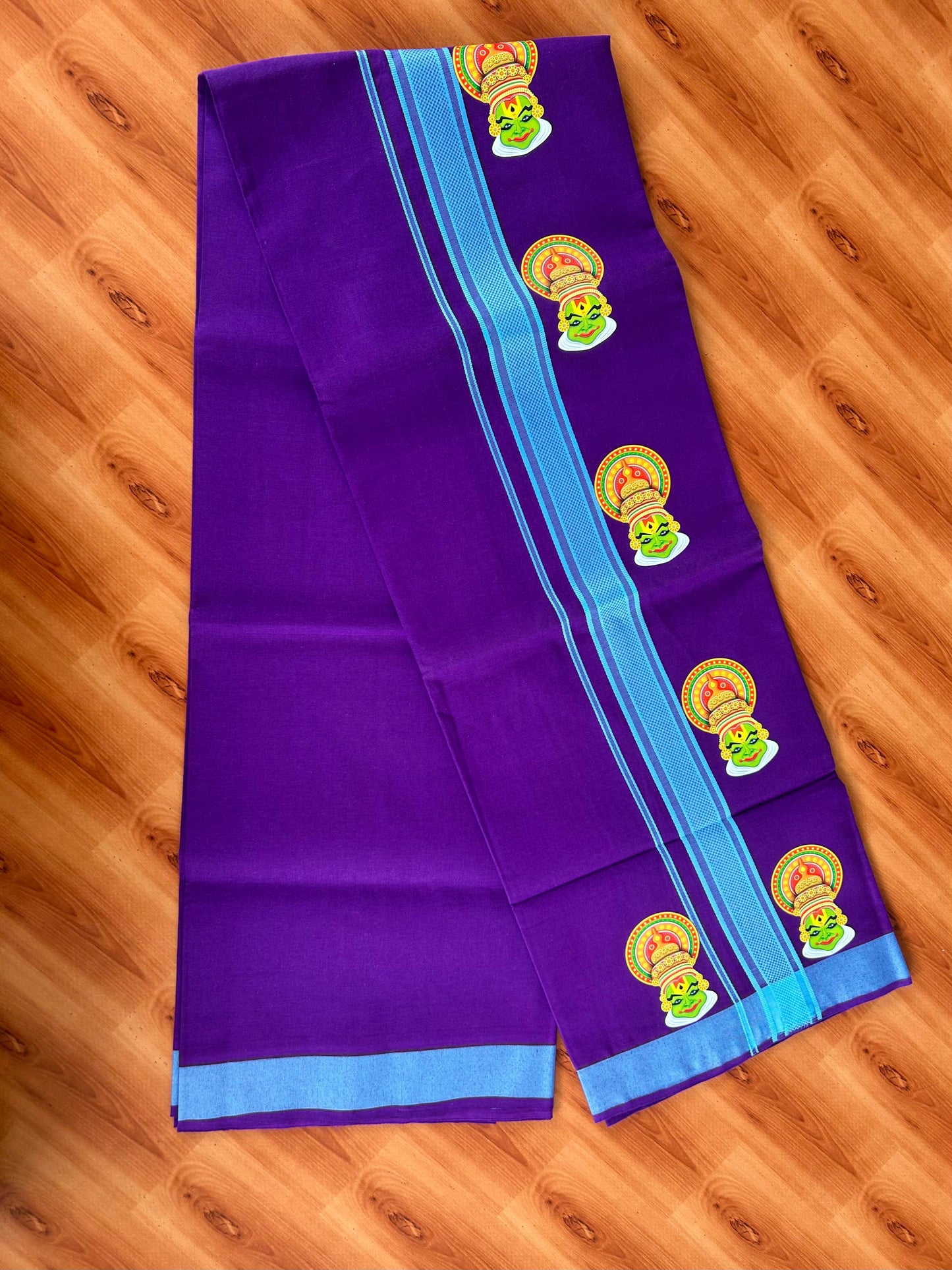 Single Kaily / Lungi- 20% Discount !! Kaitharikada - Pure Cotton - (40s) - 1.5 inch Light Blue Striped Kadhakali Printed Design Kara with Deep Violet colour Body (2 meter / 4 muzham) - 17 KK8059 GAN