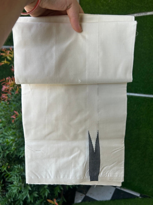 29% DISCOUNT ! KaithariKada Balaramapuram 100% COTTON SINGLE OFF WHITE (Unbleached) Mundu/Dhoti-Twisted 100s Thread- 0.75inch Puliyilakkara Black Striped Chutty Kara  (2 meter / 4 muzham)- 2KK5201ASH