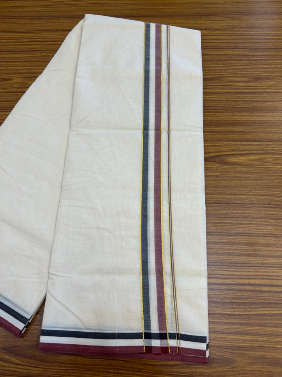 ADMK VESHTI - 20% DISCOUNT! KaithariKada 100% Cotton off white Double - (Unbleached) Mundu/Dhoti - 100X100 - 1.5 inch Gold Kasavu & Black White Maroon Shaded kara - 5 KK5274 ASH