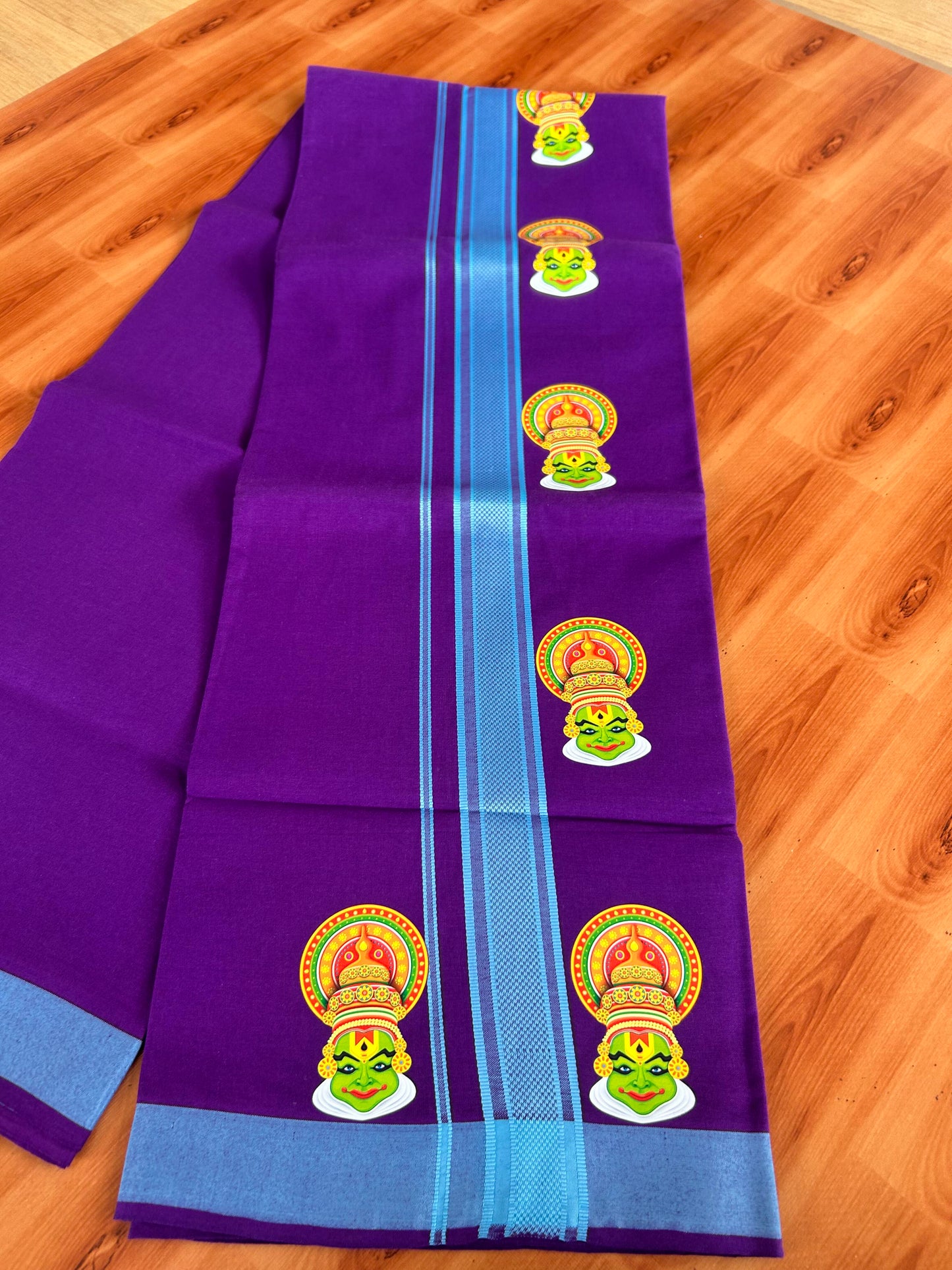 Single Kaily / Lungi- 20% Discount !! Kaitharikada - Pure Cotton - (40s) - 1.5 inch Light Blue Striped Kadhakali Printed Design Kara with Deep Violet colour Body (2 meter / 4 muzham) - 17 KK8059 GAN