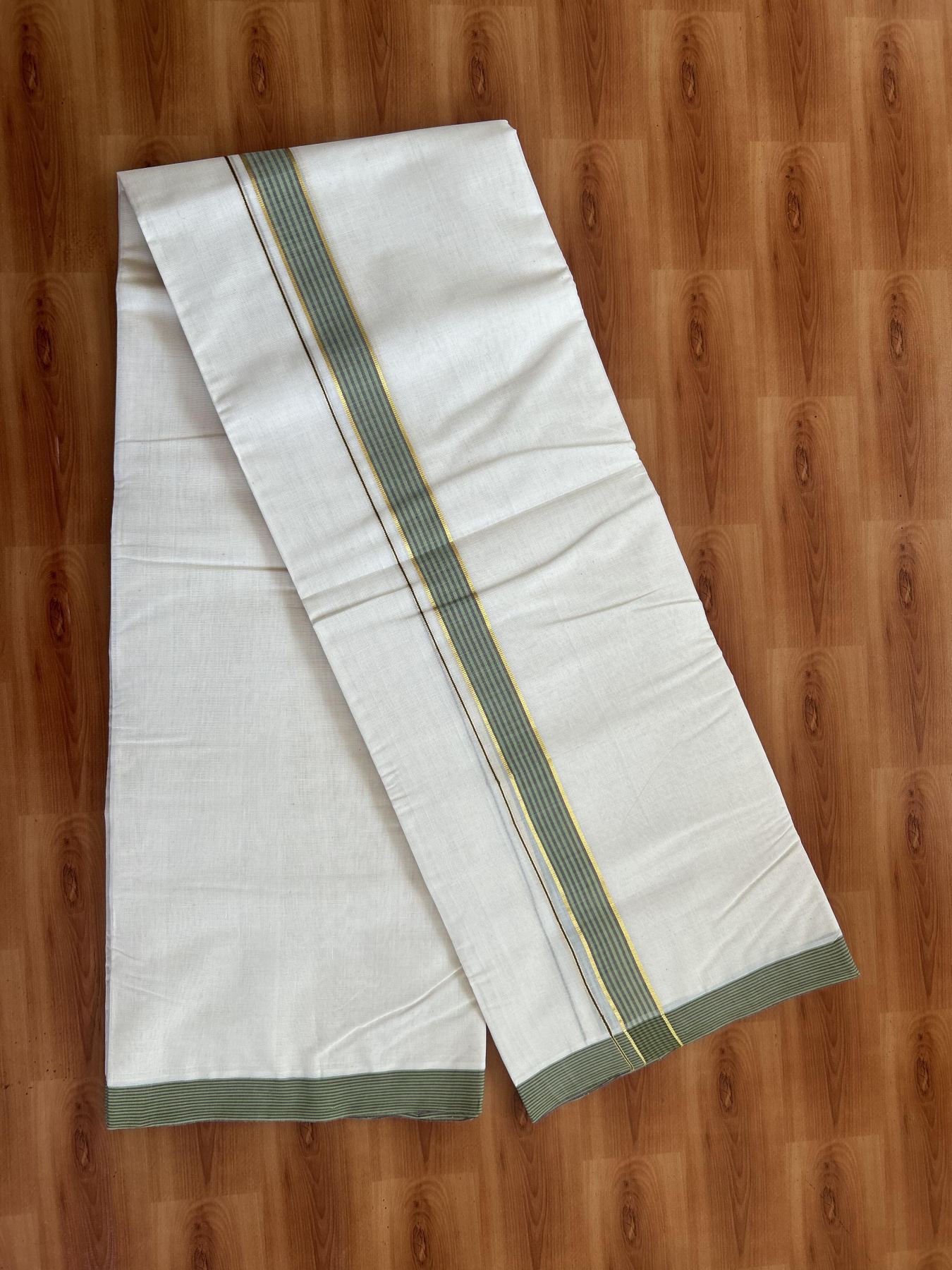 25% Discount! KaithariKada Handloom Millpaav - Kerala Handloom - Cotton Double Mundu/Dhoti Off white (Unbleached) - 80x90 - 1.25 inch Gold Kasav Green & Brown Shaded Stripes Kara 3.80 meter (8 Muzham) - 73 KK5383 RAM