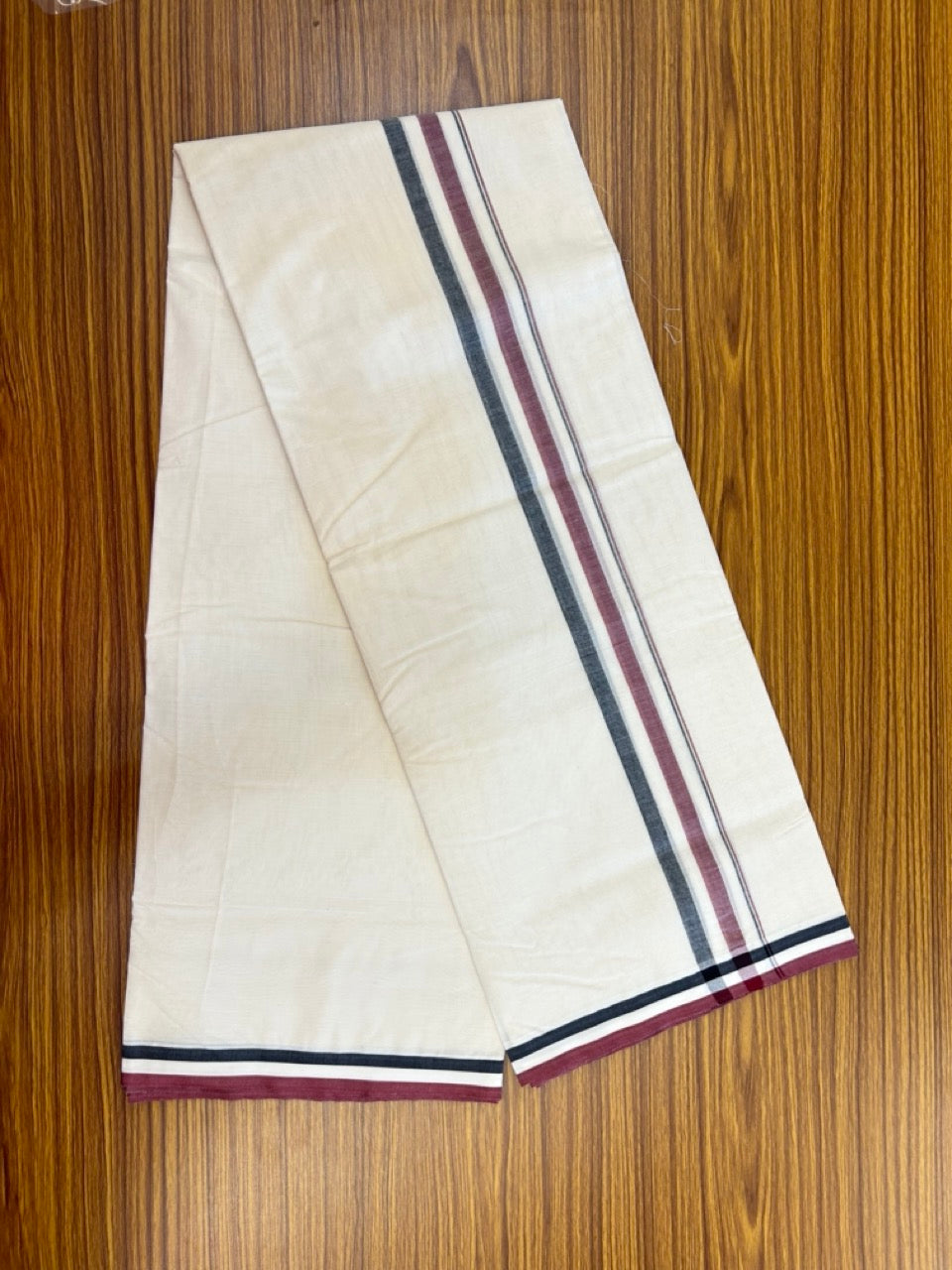 ADMK VESHTI - 20% DISCOUNT! KaithariKada 100% Cotton off white Double - (Unbleached) Mundu/Dhoti - 100X100 - 1.5 inch Black White Maroon Shaded kara - 6 KK5274 ASH