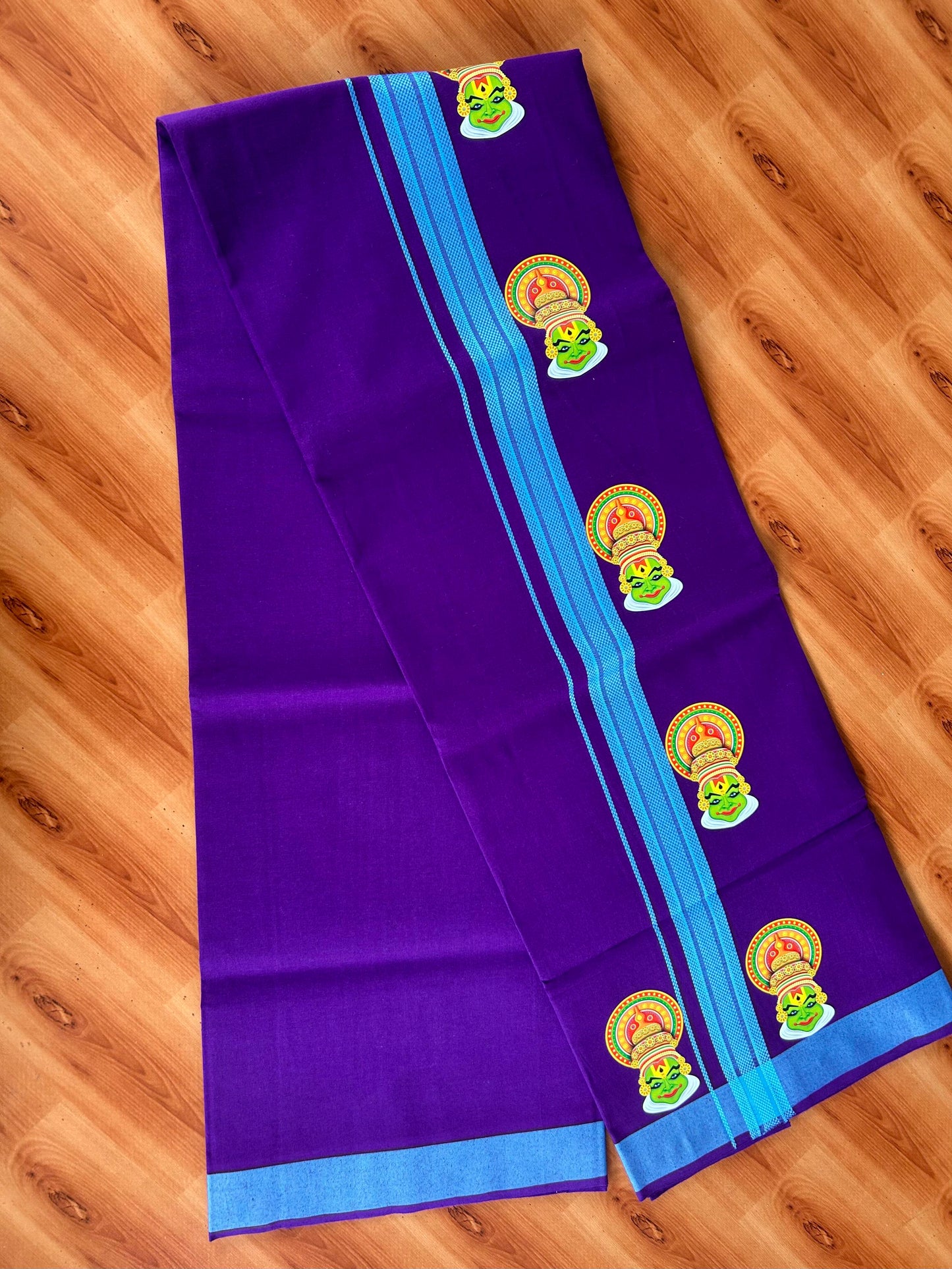 Single Kaily / Lungi- 20% Discount !! Kaitharikada - Pure Cotton - (40s) - 1.25 inch Light Blue Striped Kadhakali Printed Design Kara with Deep Violet colour Body (2 meter / 4 muzham) - 16 KK8059 GAN