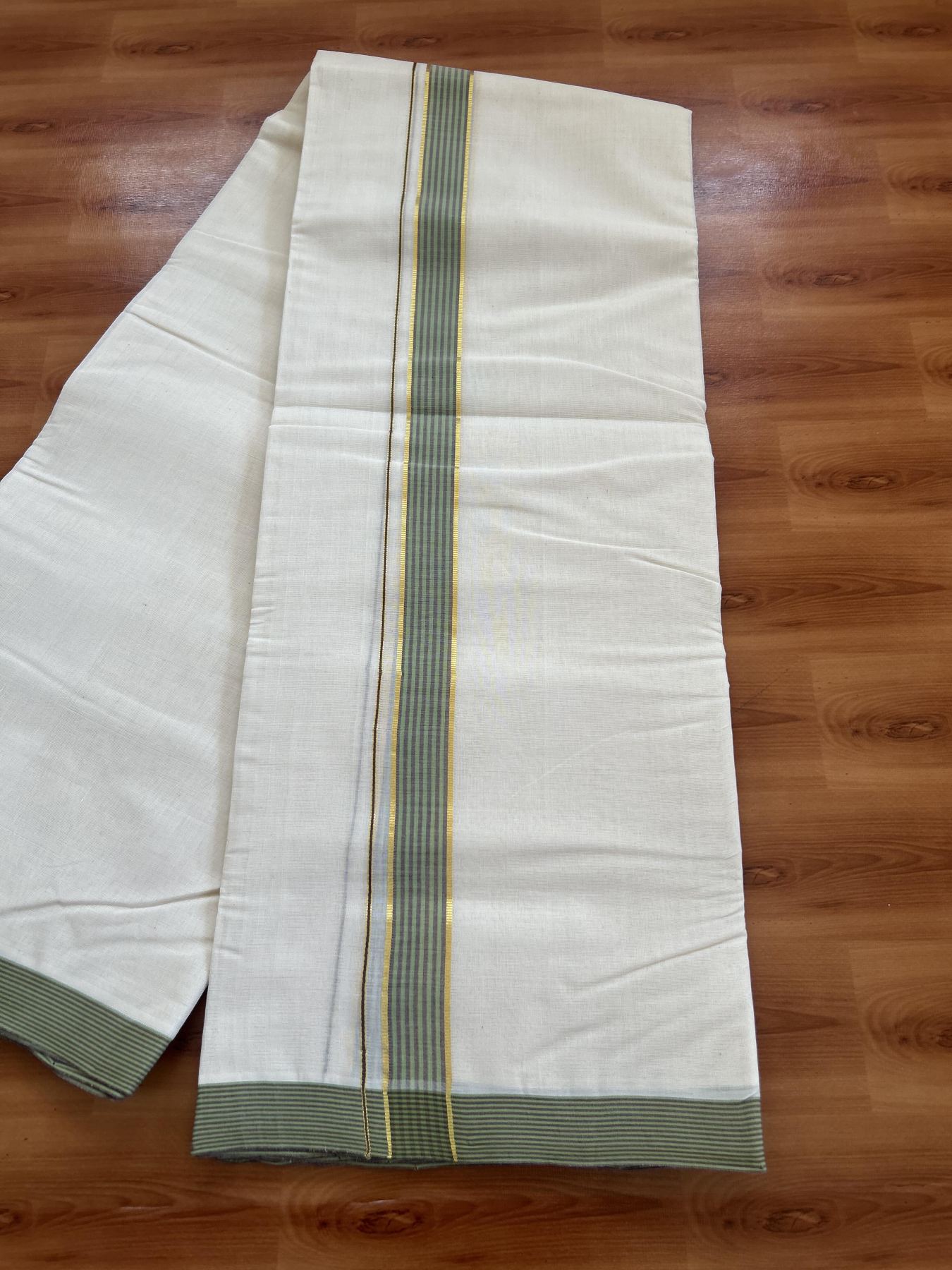 25% Discount! KaithariKada Handloom Millpaav - Kerala Handloom - Cotton Double Mundu/Dhoti Off white (Unbleached) - 80x90 - 1.25 inch Gold Kasav Green & Brown Shaded Stripes Kara 3.80 meter (8 Muzham) - 73 KK5383 RAM