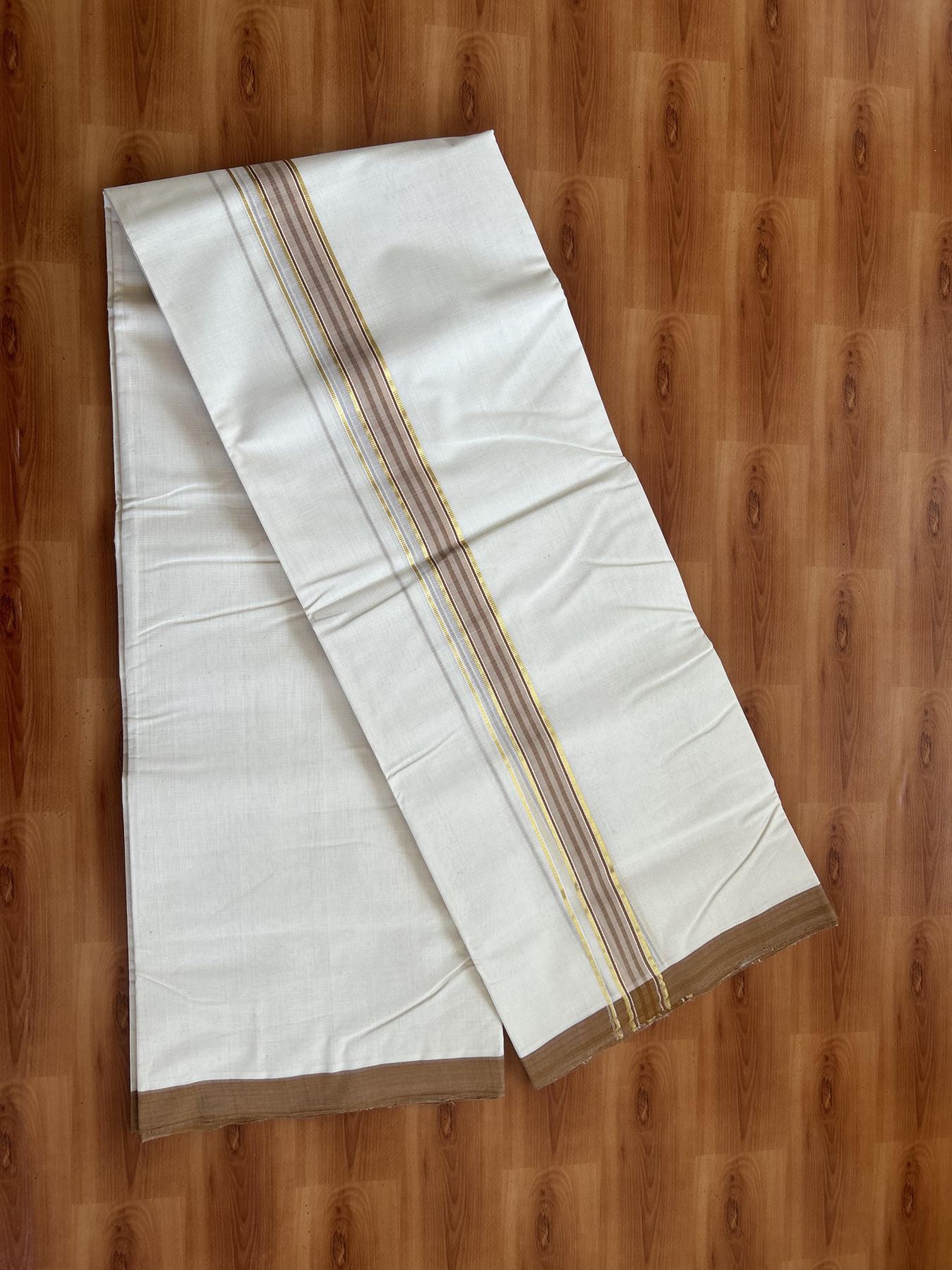 25% Discount! KaithariKada Handloom Millpaav - Kerala Handloom - Cotton Double Mundu/Dhoti Off white (Unbleached) - 80x90 - 1.25 inch Gold Kasav & Bronze Brown Shaded Stripes Kara 3.80 meter (8 Muzham) - 77 KK5383 RAM