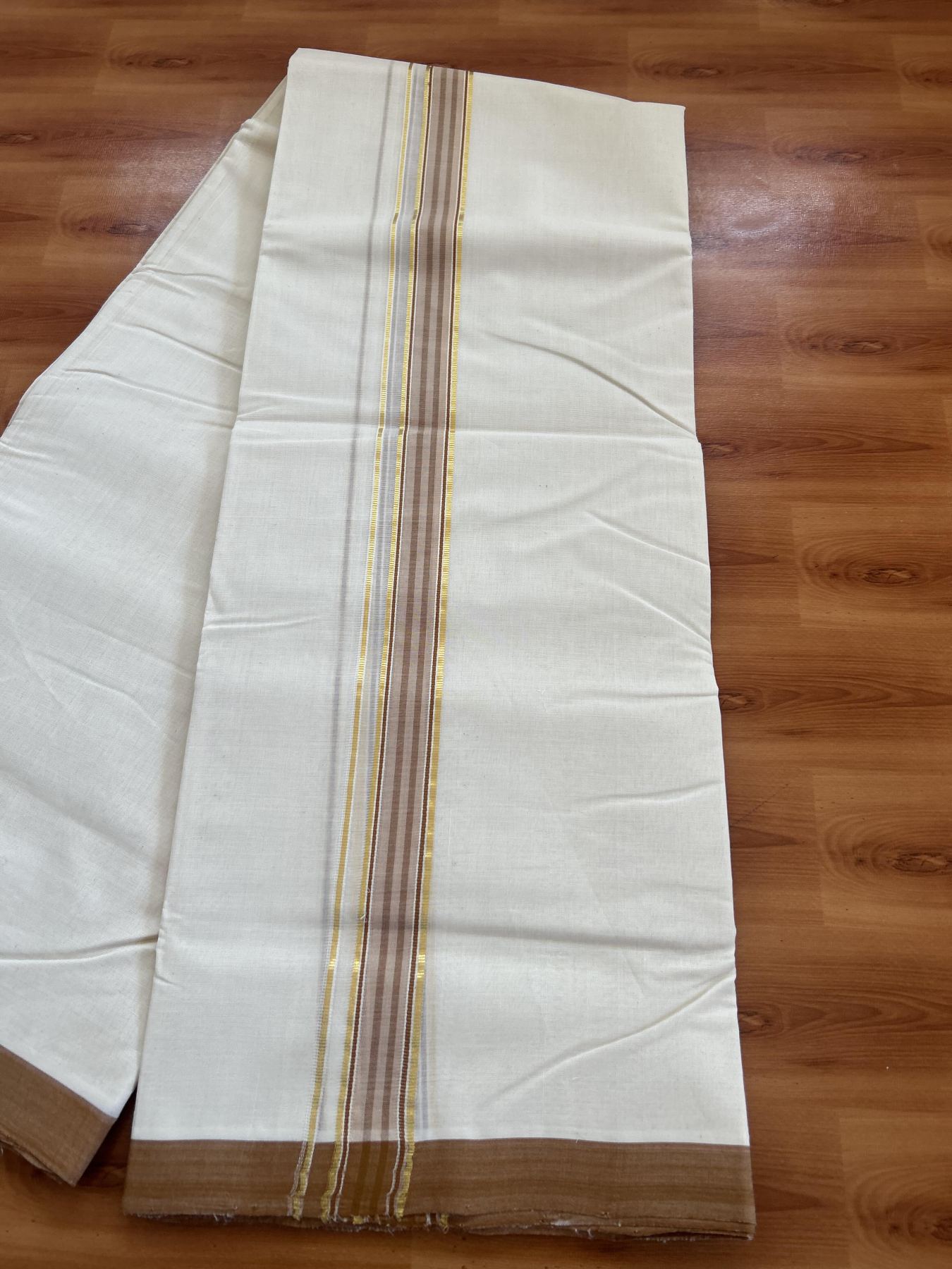 25% Discount! KaithariKada Handloom Millpaav - Kerala Handloom - Cotton Double Mundu/Dhoti Off white (Unbleached) - 80x90 - 1.25 inch Gold Kasav & Bronze Brown Shaded Stripes Kara 3.80 meter (8 Muzham) - 77 KK5383 RAM