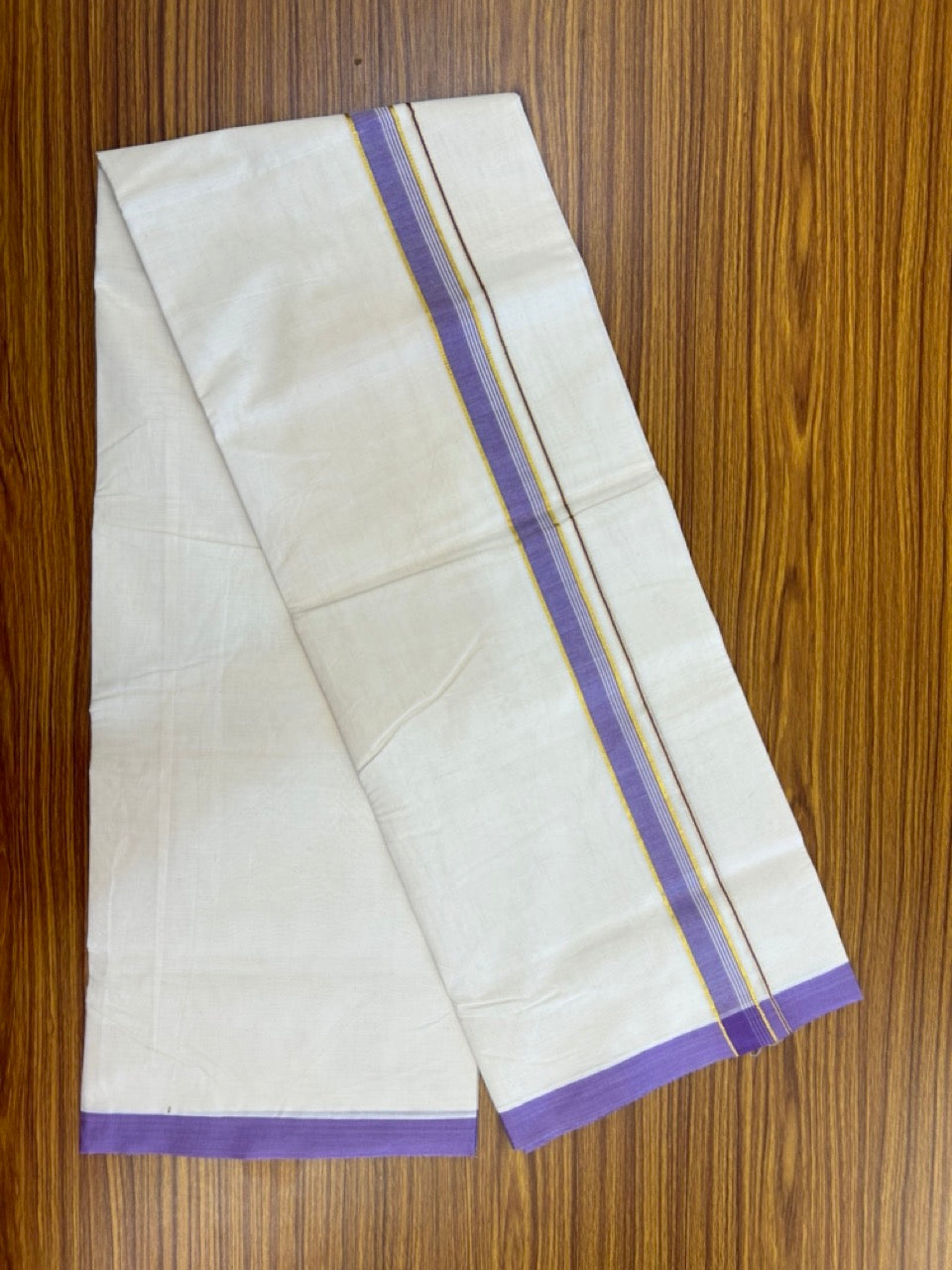 20% Discount !! KaithariKada Balaramapuram 100% Cotton Double Off white - (Unbleached) Mundu/Dhoti-100x100 - 1  inch Gold Kasav & Lavender Violet Striped Kara - 2 KK5274 ASH