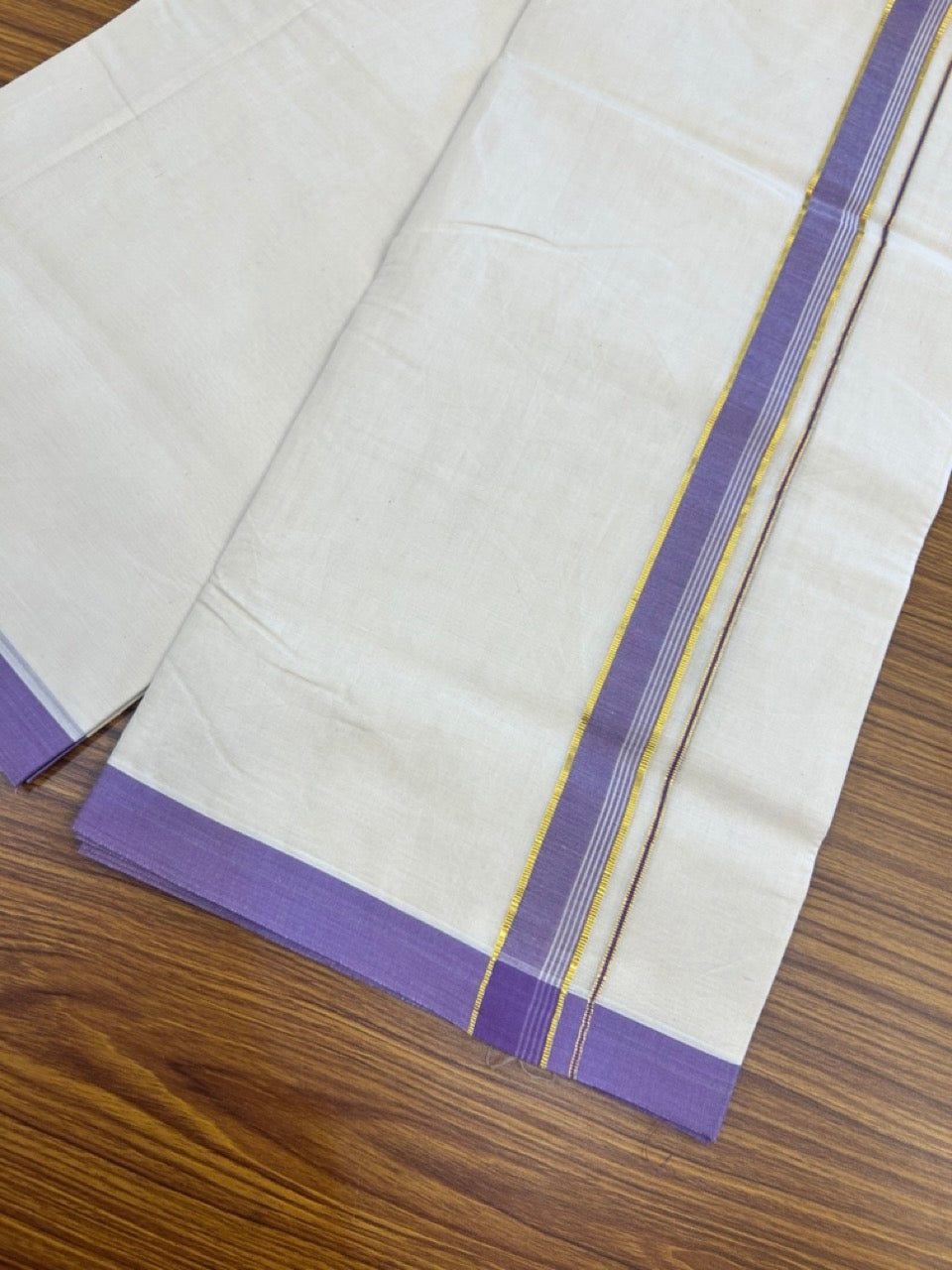 20% Discount !! KaithariKada Balaramapuram 100% Cotton Double Off white - (Unbleached) Mundu/Dhoti-100x100 - 1  inch Gold Kasav & Lavender Violet Striped Kara - 2 KK5274 ASH