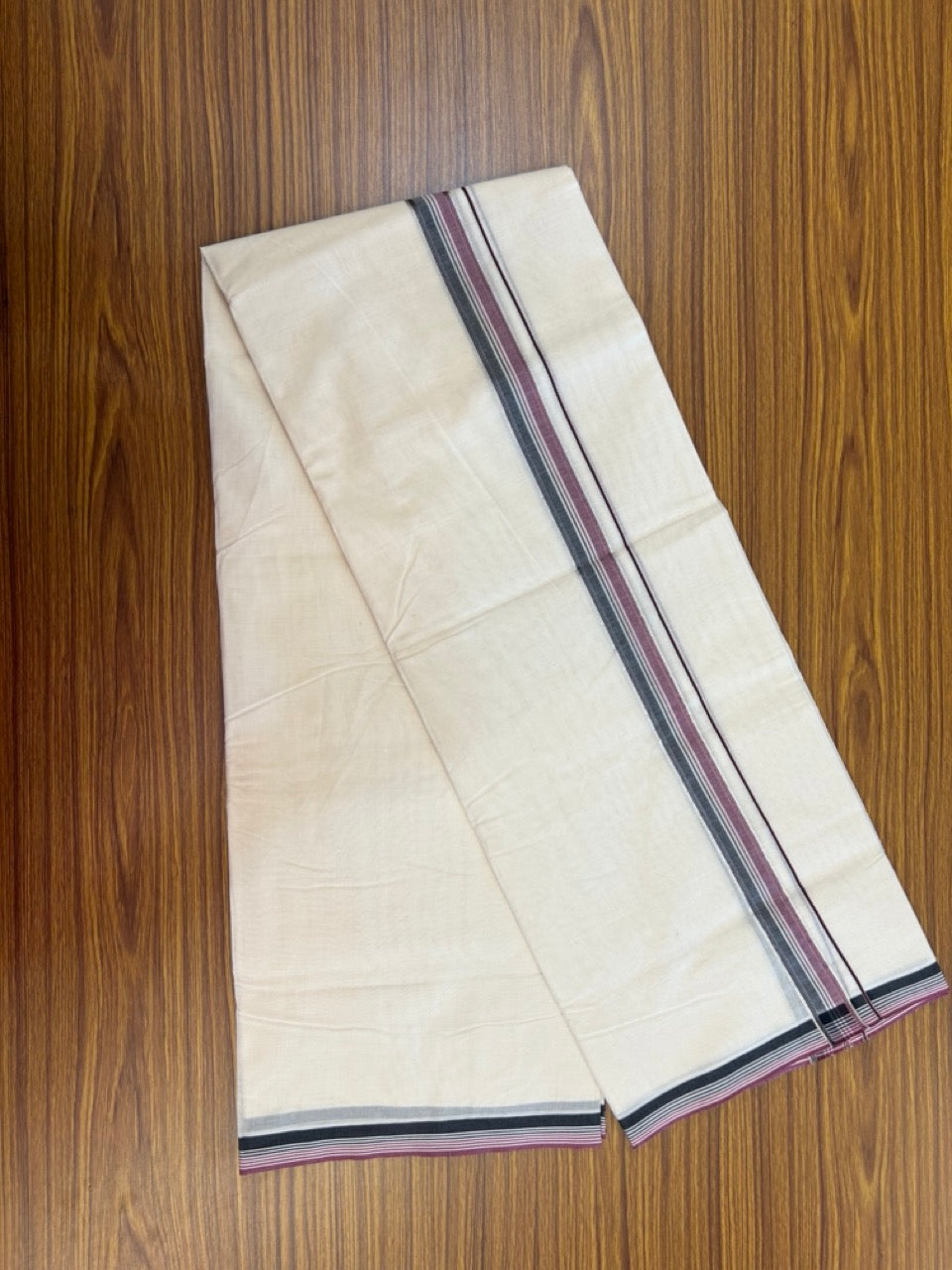 20% Discount !! KaithariKada Balaramapuram 100% Cotton Double Off white - (Unbleached) Mundu/Dhoti-100x100 - 3 cm Silver Kasav Black & Deep Magenta Striped Kara - 7 KK5274 ASH