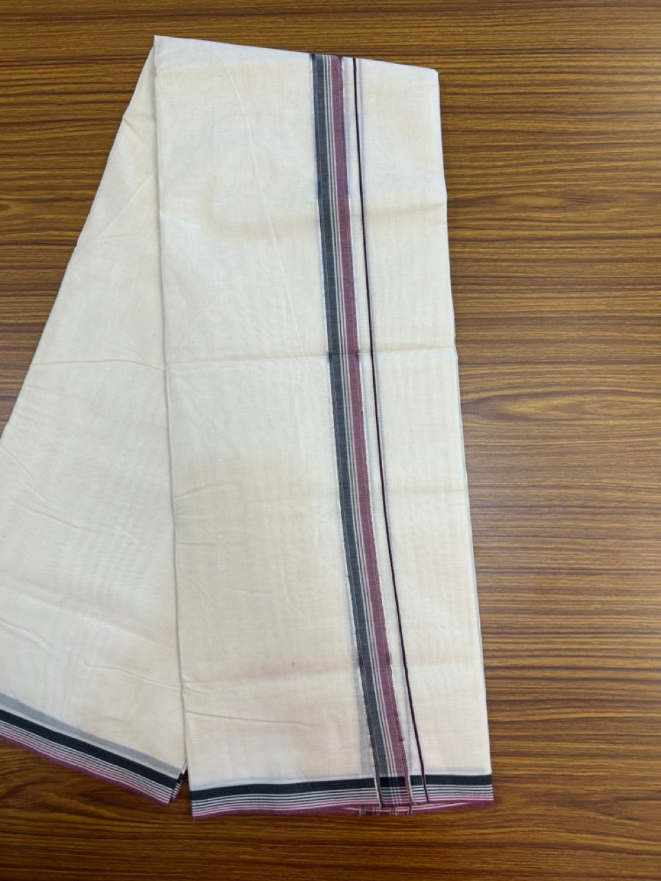 20% Discount !! KaithariKada Balaramapuram 100% Cotton Double Off white - (Unbleached) Mundu/Dhoti-100x100 - 3 cm Silver Kasav Black & Deep Magenta Striped Kara - 7 KK5274 ASH