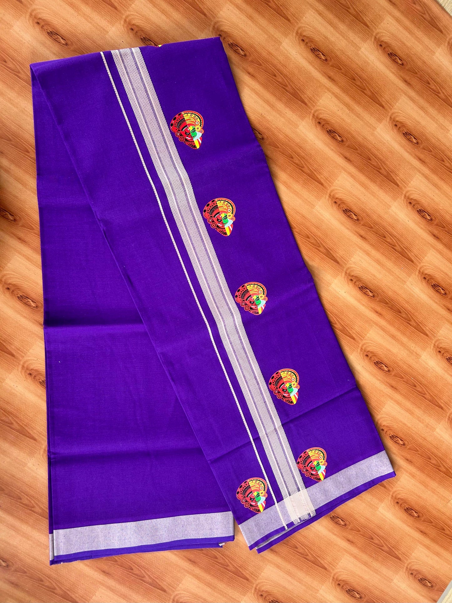 Single Kaily / Lungi- 20% Discount !! Kaitharikada - Pure Cotton - (40s) - 1.5 inch Cream Striped Theyyam & Kadhakali Printed Design Kara with Deep Violet colour Body (2 meter / 4 muzham) - 15 KK8059 GAN