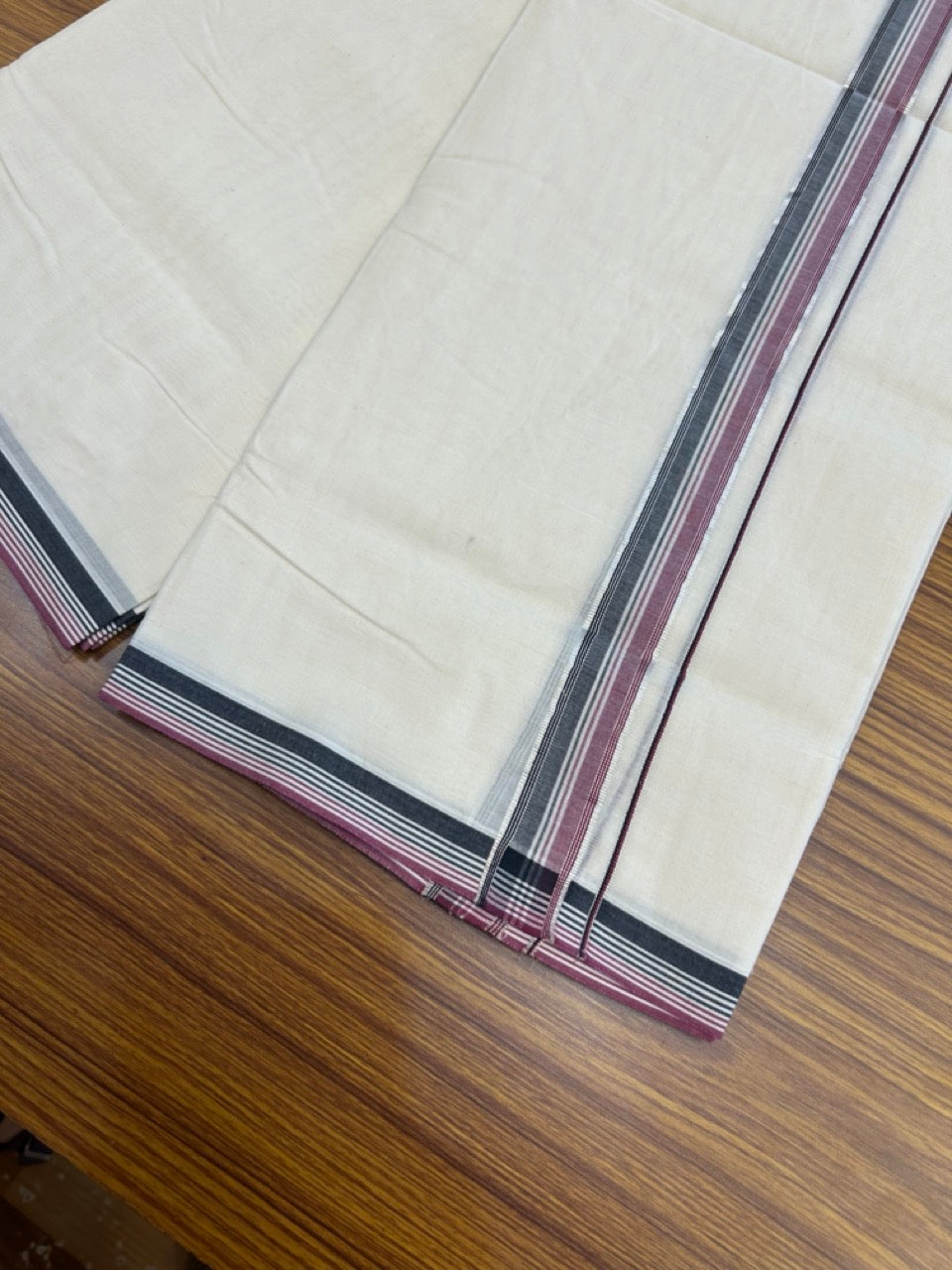 20% Discount !! KaithariKada Balaramapuram 100% Cotton Double Off white - (Unbleached) Mundu/Dhoti-100x100 - 3 cm Silver Kasav Black & Deep Magenta Striped Kara - 7 KK5274 ASH
