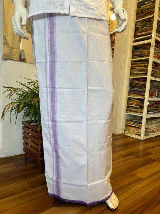 Ultimate HANDLOOM- 25% Discount! - Kaitharikada Kalamachal-Government Sealed HALLMARKED-100% PURE COTTON! (80x80) Twisted Thread- Light WHITE SINGLE Mundu / Dhoti - 2.25 inch Lavender Violet Striped Kara - 14KK478KAL