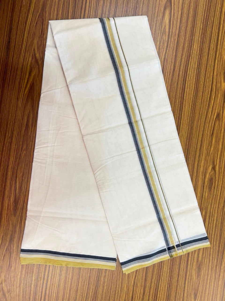 20% Discount !! KaithariKada Balaramapuram 100% Cotton Double Off white - (Unbleached) Mundu/Dhoti-100x100 -1 inch Silver Kasav Black & Mustard Yellow Striped Kara - 8 KK5274 ASH