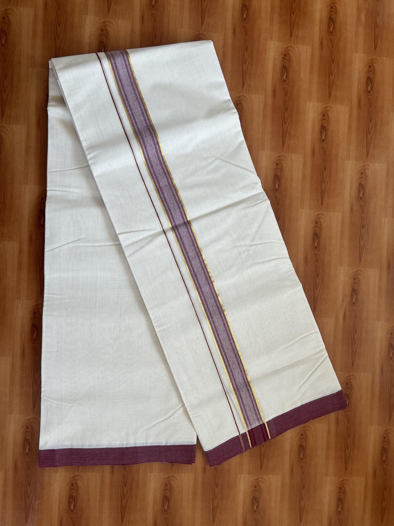 25% Discount! KaithariKada Handloom Millpaav - Kerala Handloom - Cotton Double Mundu/Dhoti Off white (Unbleached) - 80x90 - 1.25 inch Gold Kasav & Maroon Stripes Kara 3.80 meter (8 Muzham) - 81 KK5383 RAM