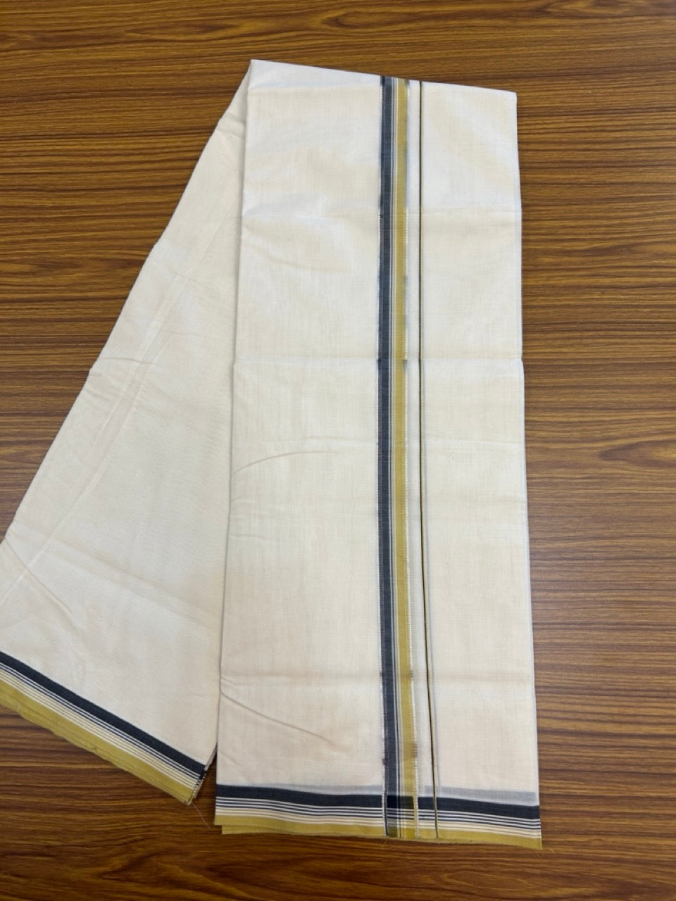 20% Discount !! KaithariKada Balaramapuram 100% Cotton Double Off white - (Unbleached) Mundu/Dhoti-100x100 -1 inch Silver Kasav Black & Mustard Yellow Striped Kara - 8 KK5274 ASH