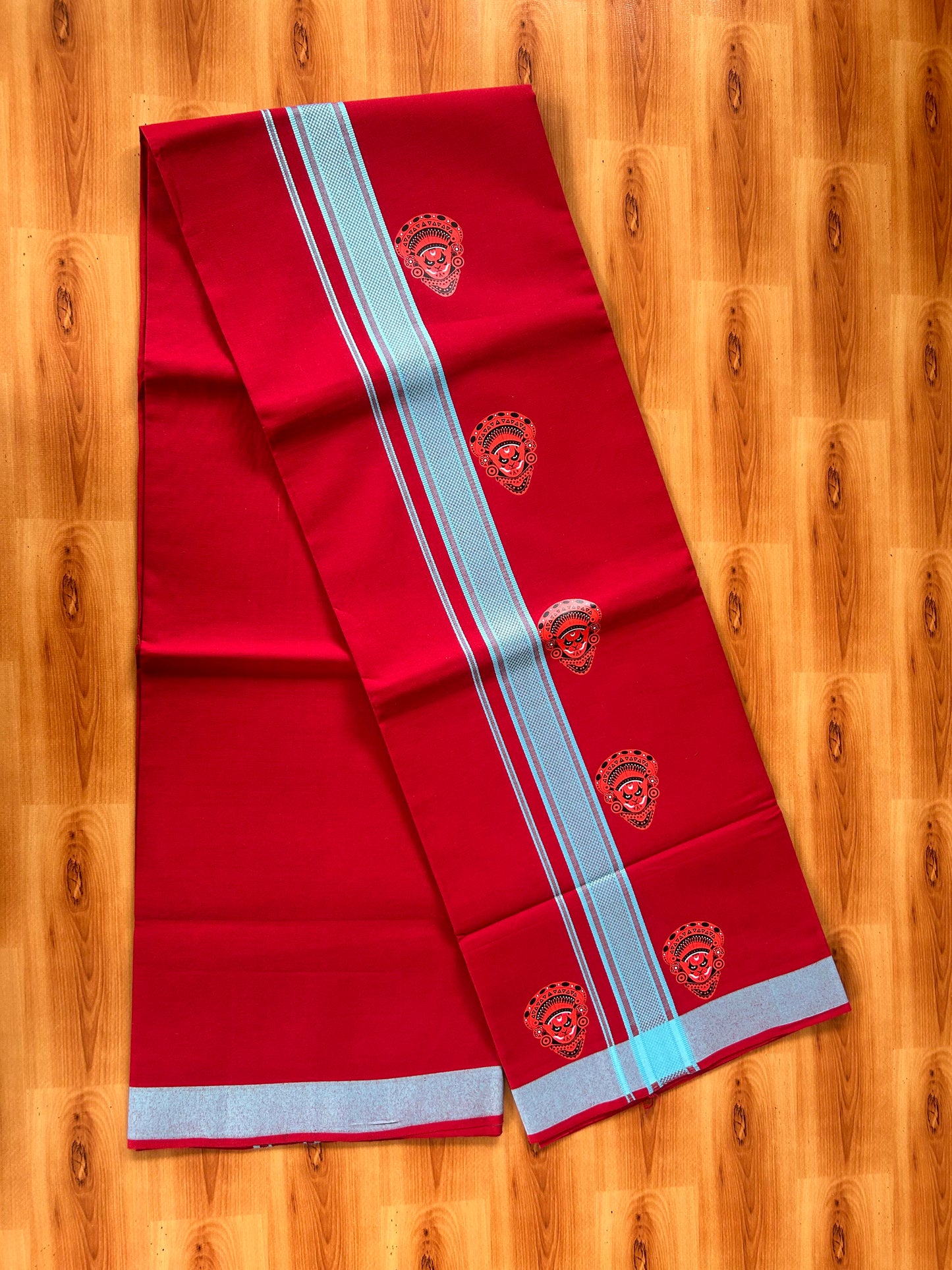 Single Kaily / Lungi- 20% Discount !! Kaitharikada - Pure Cotton - (40s) - 1.25 inch Light Blue Striped Theyyam Printed Design Kara with Maroon colour Body (2 meter / 4 muzham) - 26 KK8059 GAN