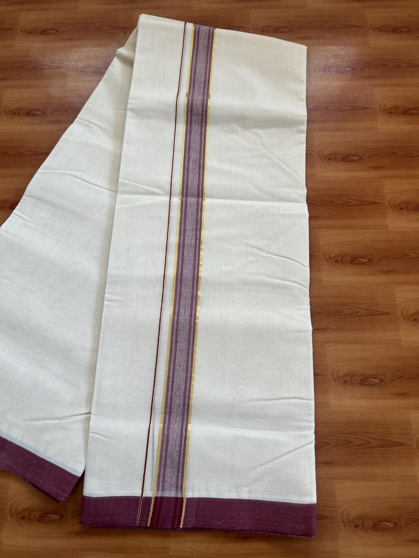 25% Discount! KaithariKada Handloom Millpaav - Kerala Handloom - Cotton Double Mundu/Dhoti Off white (Unbleached) - 80x90 - 1.25 inch Gold Kasav & Maroon Stripes Kara 3.80 meter (8 Muzham) - 81 KK5383 RAM