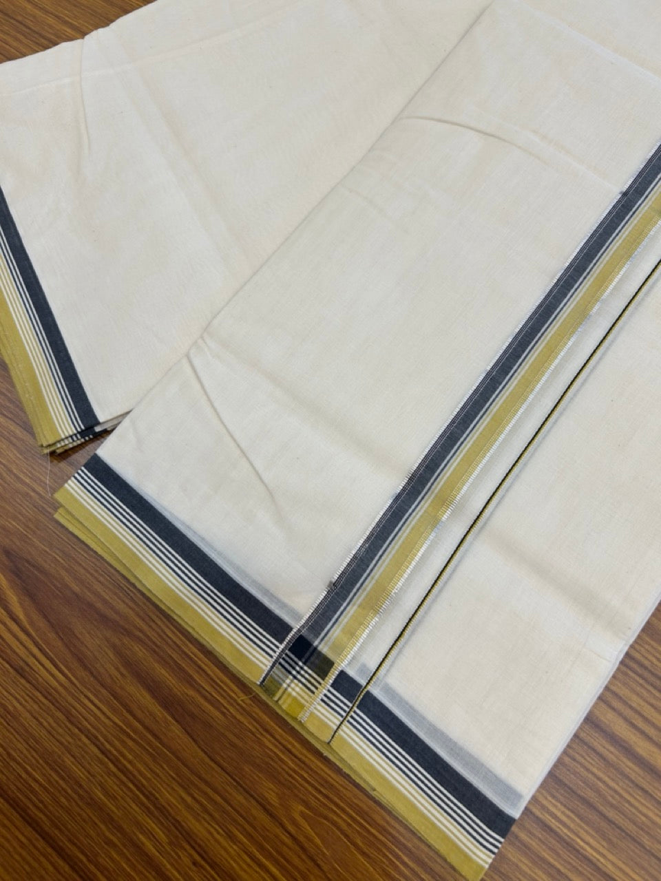 20% Discount !! KaithariKada Balaramapuram 100% Cotton Double Off white - (Unbleached) Mundu/Dhoti-100x100 -1 inch Silver Kasav Black & Mustard Yellow Striped Kara - 8 KK5274 ASH