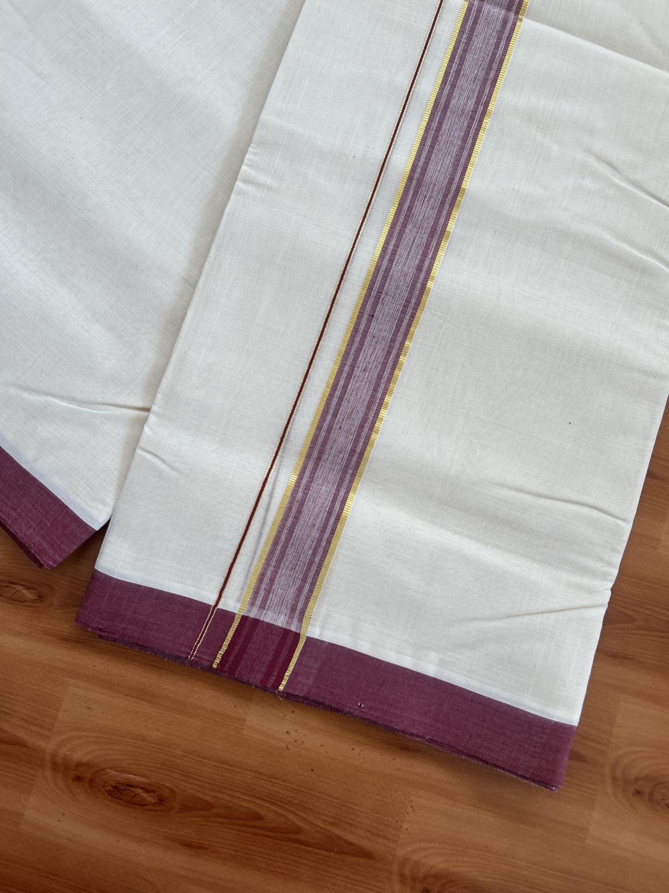 25% Discount! KaithariKada Handloom Millpaav - Kerala Handloom - Cotton Double Mundu/Dhoti Off white (Unbleached) - 80x90 - 1.25 inch Gold Kasav & Maroon Stripes Kara 3.80 meter (8 Muzham) - 81 KK5383 RAM