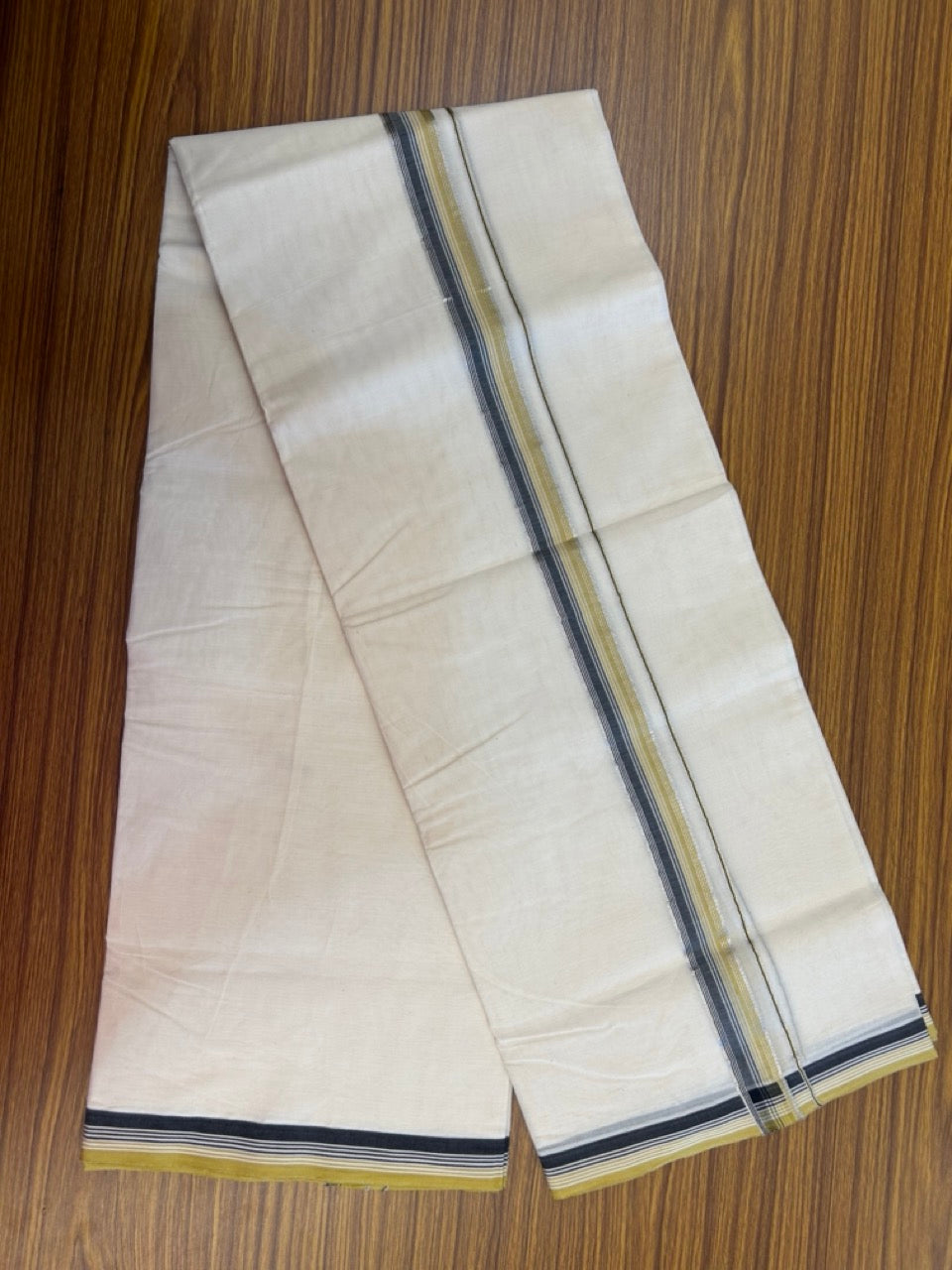 20% Discount !! KaithariKada Balaramapuram 100% Cotton Double Off white - (Unbleached) Mundu/Dhoti-100x100 -1.25 inch Silver Kasav Black & Mustard Yellow Center Striped Kara - 9 KK5274 ASH