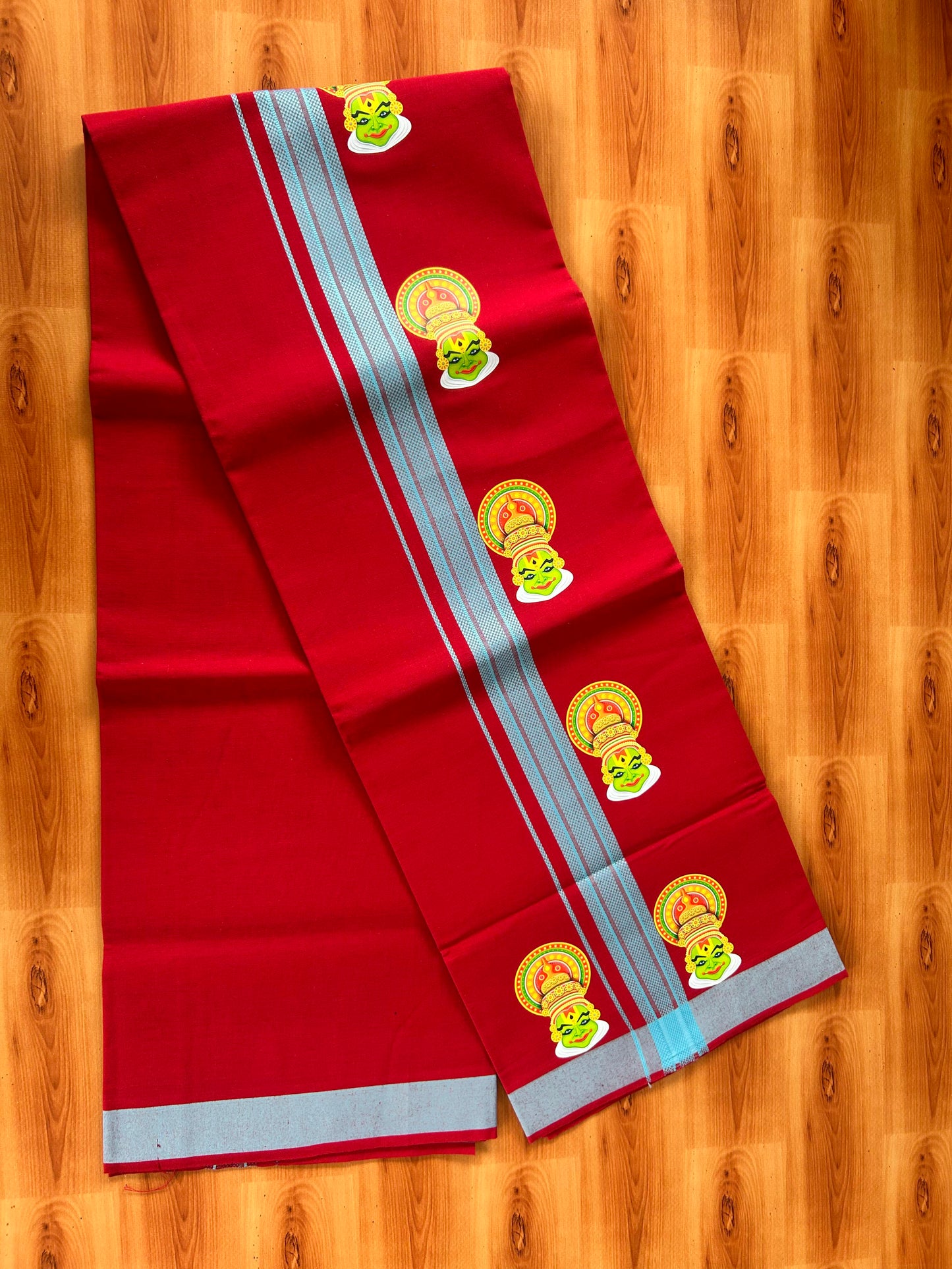 Single Kaily / Lungi- 20% Discount !! Kaitharikada - Pure Cotton - (40s) - 1.25 inch Light Blue Striped Kadhakali Printed Design Kara with Maroon colour Body (2 meter / 4 muzham) - 27 KK8059 GAN