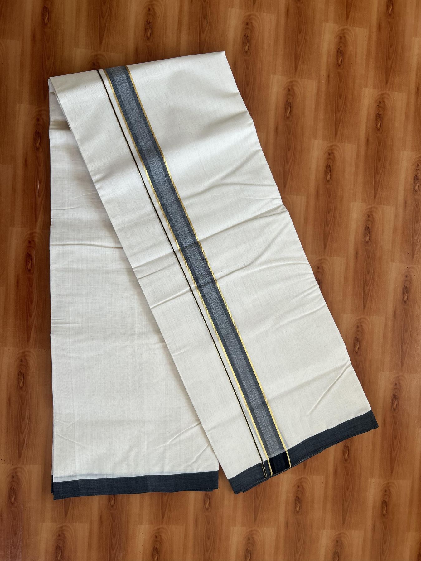 25% Discount! KaithariKada Handloom Millpaav - Kerala Handloom - Cotton Double Mundu/Dhoti Off white (Unbleached) - 80x90 - 1.25 inch Gold Kasav & Black Shaded Stripes Kara 3.80 meter (8 Muzham) - 72 KK5383 RAM