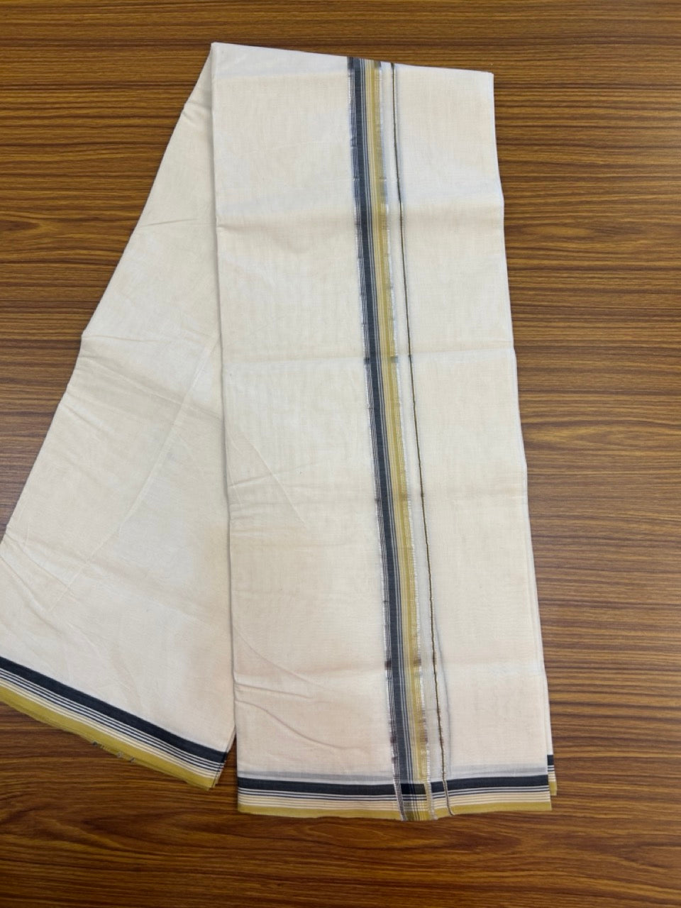 20% Discount !! KaithariKada Balaramapuram 100% Cotton Double Off white - (Unbleached) Mundu/Dhoti-100x100 -1.25 inch Silver Kasav Black & Mustard Yellow Center Striped Kara - 9 KK5274 ASH