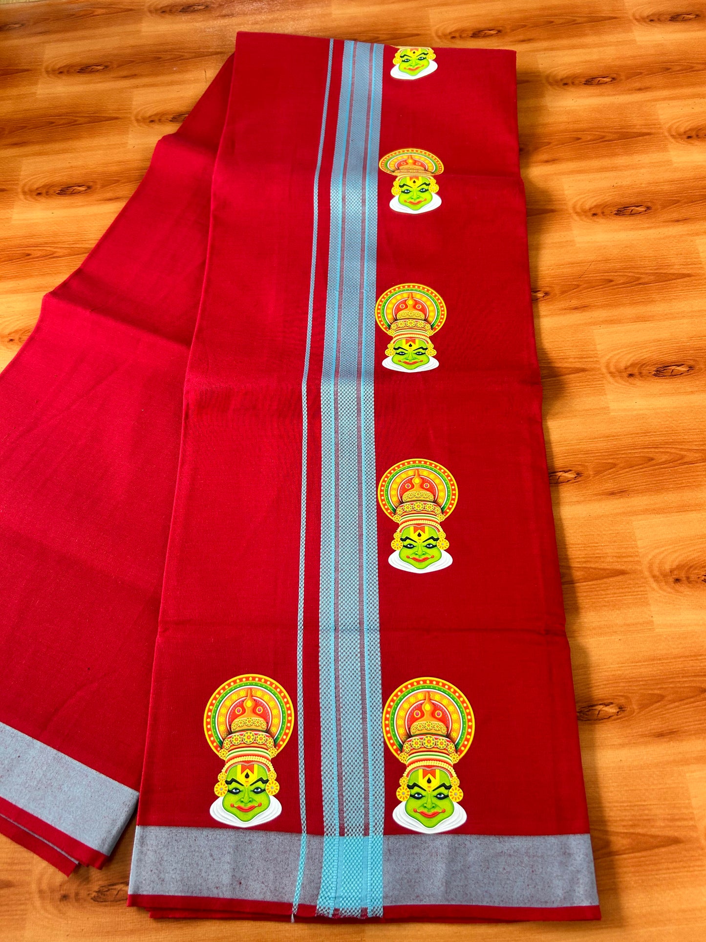 Single Kaily / Lungi- 20% Discount !! Kaitharikada - Pure Cotton - (40s) - 1.25 inch Light Blue Striped Kadhakali Printed Design Kara with Maroon colour Body (2 meter / 4 muzham) - 27 KK8059 GAN