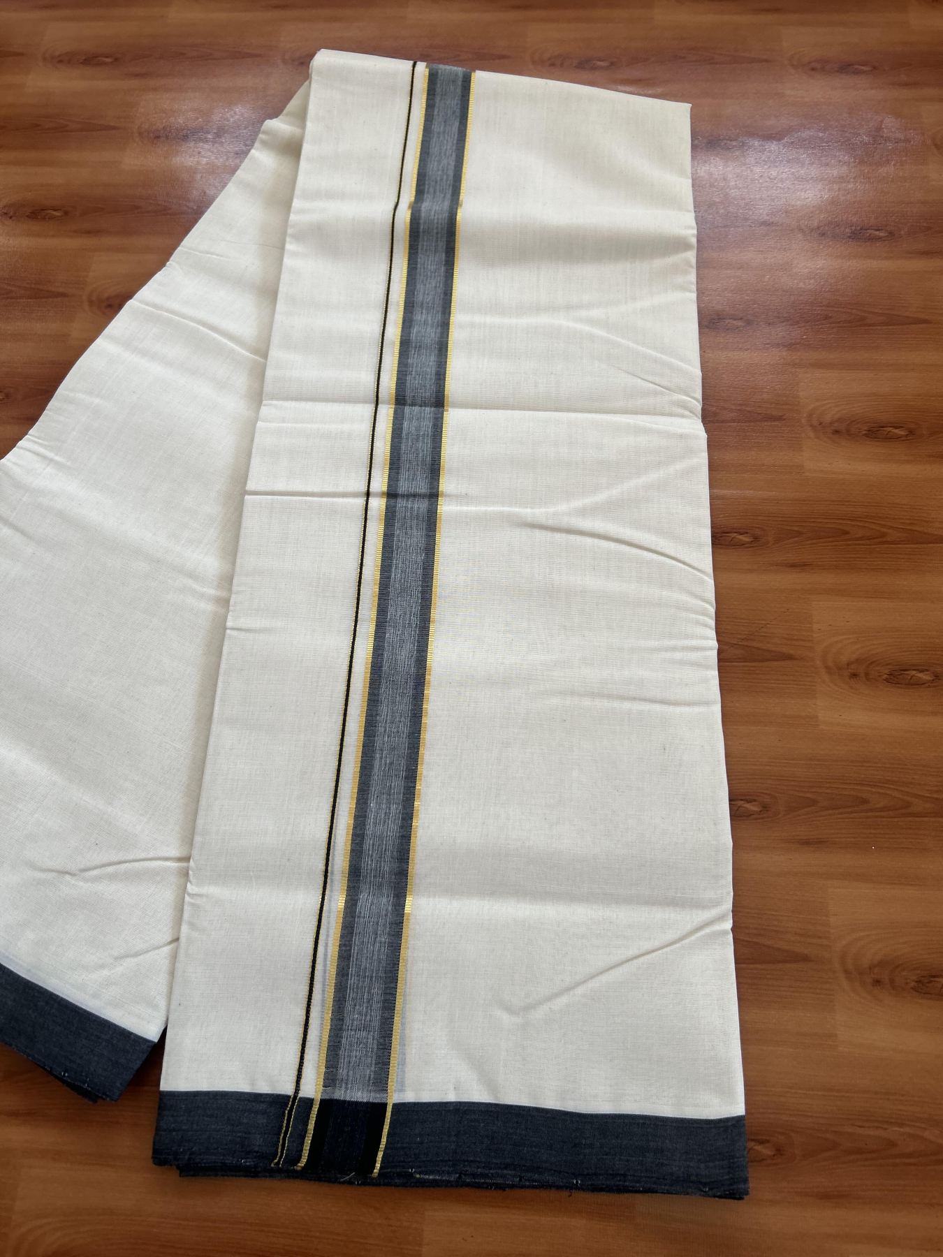 25% Discount! KaithariKada Handloom Millpaav - Kerala Handloom - Cotton Double Mundu/Dhoti Off white (Unbleached) - 80x90 - 1.25 inch Gold Kasav & Black Shaded Stripes Kara 3.80 meter (8 Muzham) - 72 KK5383 RAM
