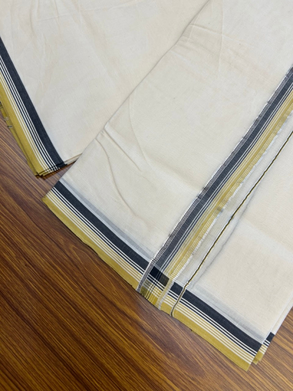 20% Discount !! KaithariKada Balaramapuram 100% Cotton Double Off white - (Unbleached) Mundu/Dhoti-100x100 -1.25 inch Silver Kasav Black & Mustard Yellow Center Striped Kara - 9 KK5274 ASH