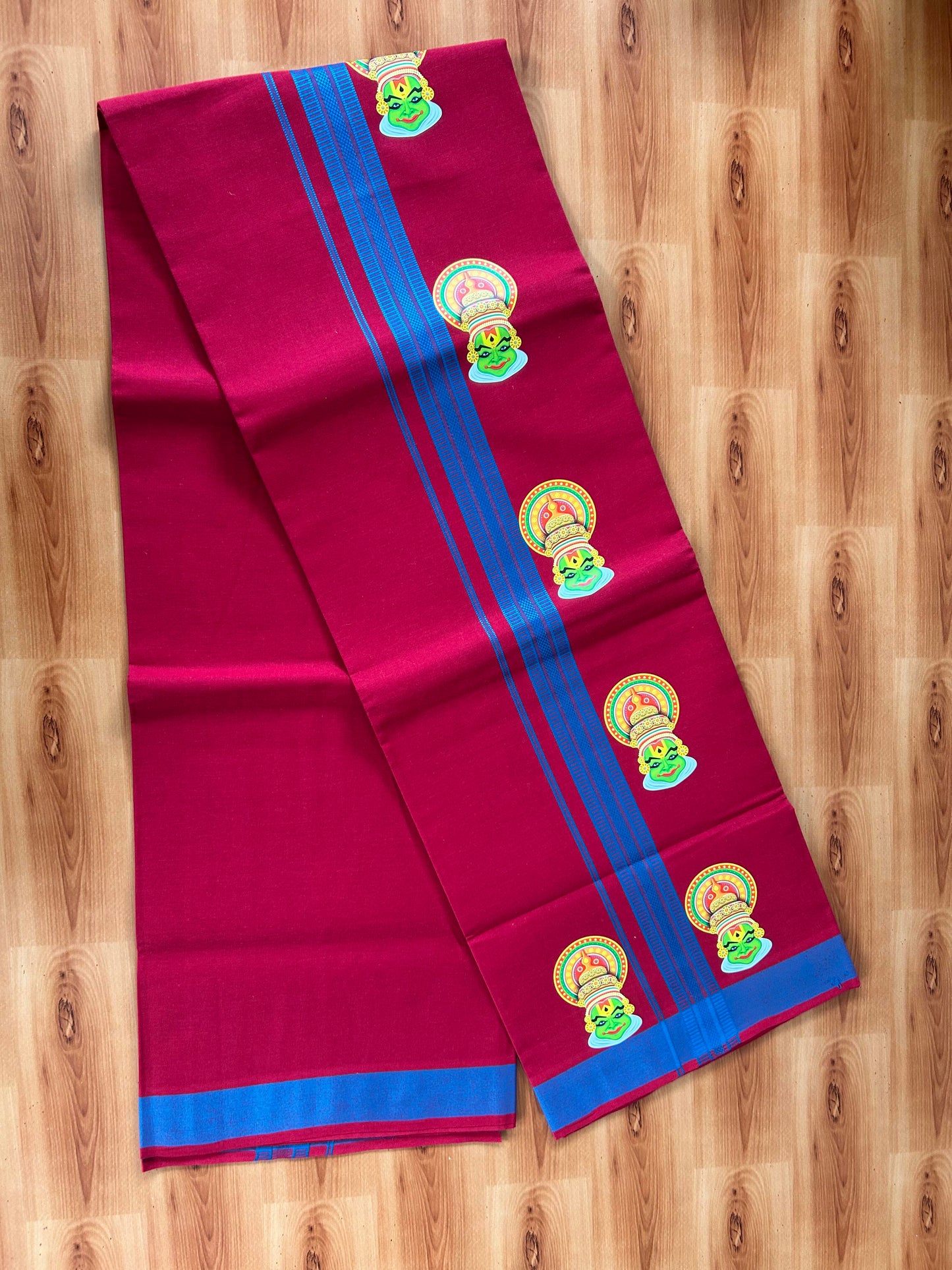 Single Kaily / Lungi- 20% Discount !! Kaitharikada - Pure Cotton - (40s) - 1.25 inch Peacock Blue Striped Kadhakali Printed Design Kara with Maroon colour Body (2 meter / 4 muzham) - 28 KK8059 GAN