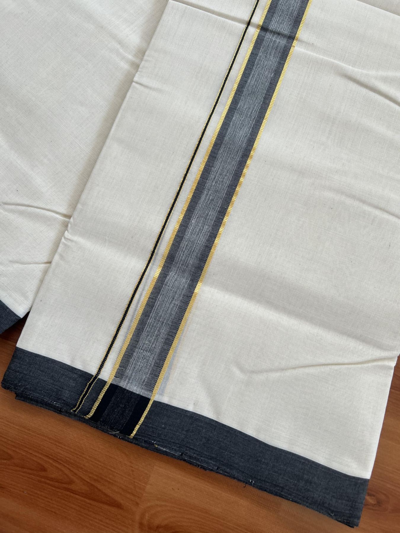25% Discount! KaithariKada Handloom Millpaav - Kerala Handloom - Cotton Double Mundu/Dhoti Off white (Unbleached) - 80x90 - 1.25 inch Gold Kasav & Black Shaded Stripes Kara 3.80 meter (8 Muzham) - 72 KK5383 RAM