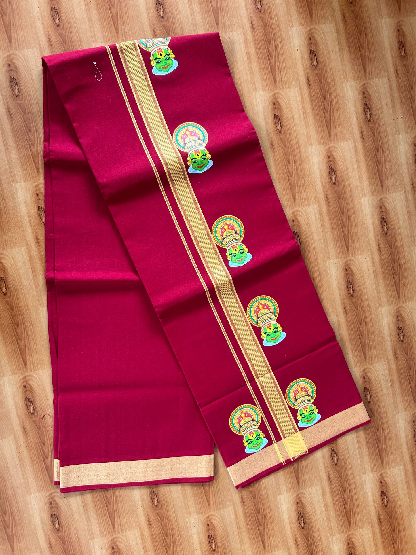 Single Kaily / Lungi- 20% Discount !! Kaitharikada - Pure Cotton - (40s) - 1.25 inch Yellow Striped Kadhakali Printed Design Kara with Maroon colour Body (2 meter / 4 muzham) - 30 KK8059 GAN