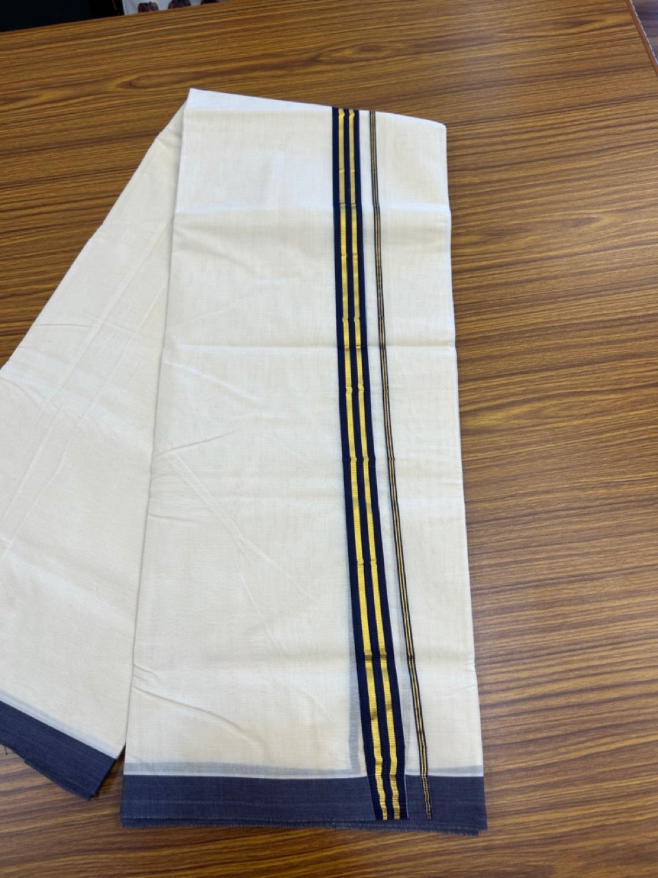 20% Discount !! KaithariKada Balaramapuram 100% Cotton Double Off white - (Unbleached) Mundu/Dhoti-100x100 - 1 inch Gold Kasav & Navy Blue Striped Kara - 3 KK5274 ASH