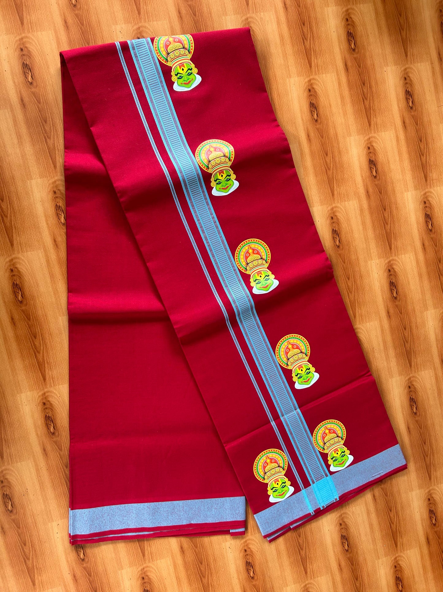Single Kaily / Lungi- 20% Discount !! Kaitharikada - Pure Cotton - (40s) - 1.25 inch Light Blue Striped Kadhakali Printed Design Kara with Maroon colour Body (2 meter / 4 muzham) - 29 KK8059 GAN